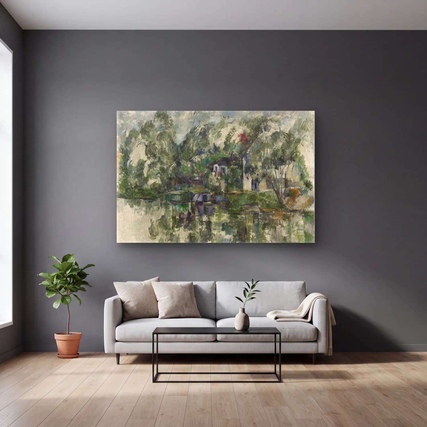 Paul Cezanne – Kırda Nehir cam tablo — gri duvarlı salonda