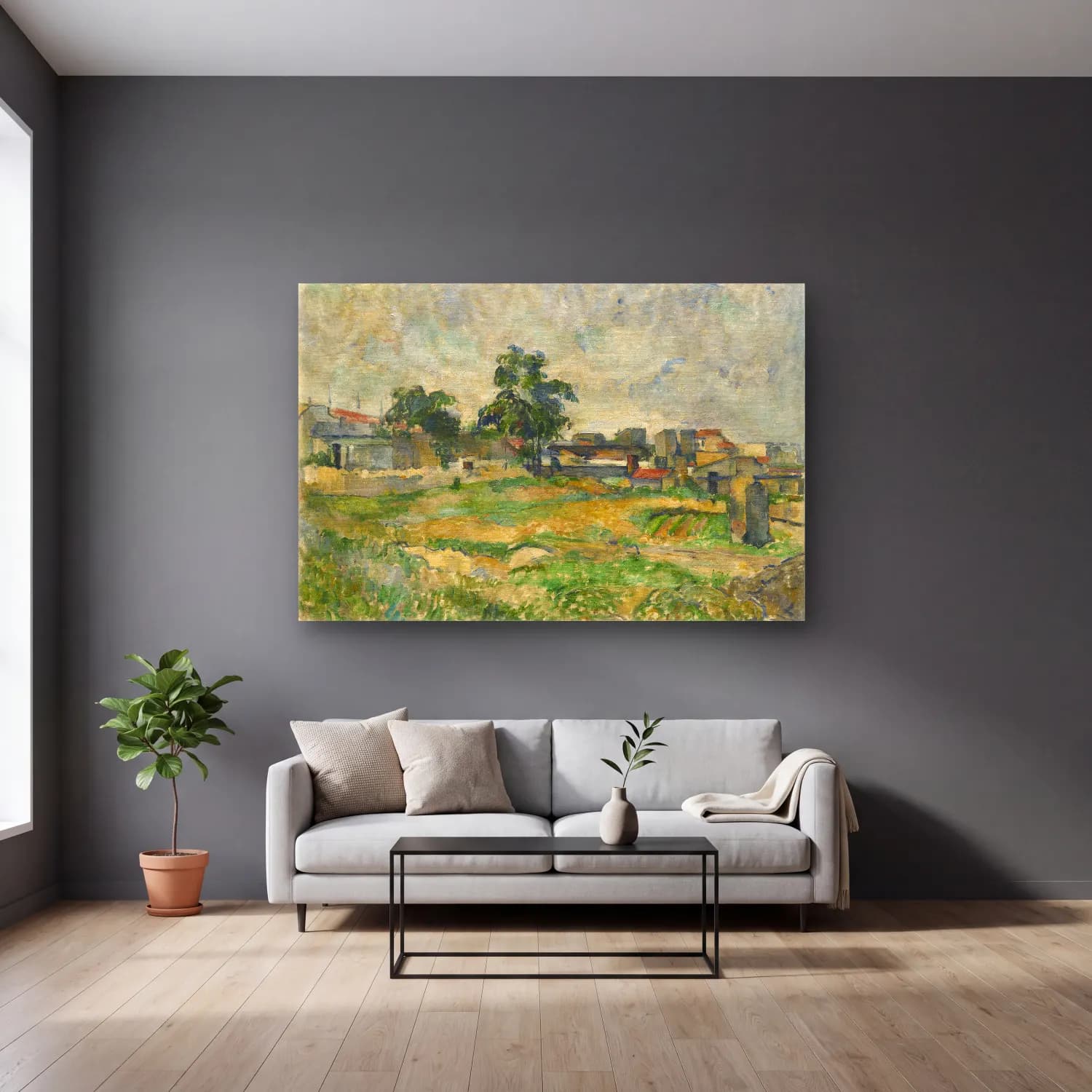 Paul Cezanne – Köy Sokağı cam tablo — gri duvarlı salonda