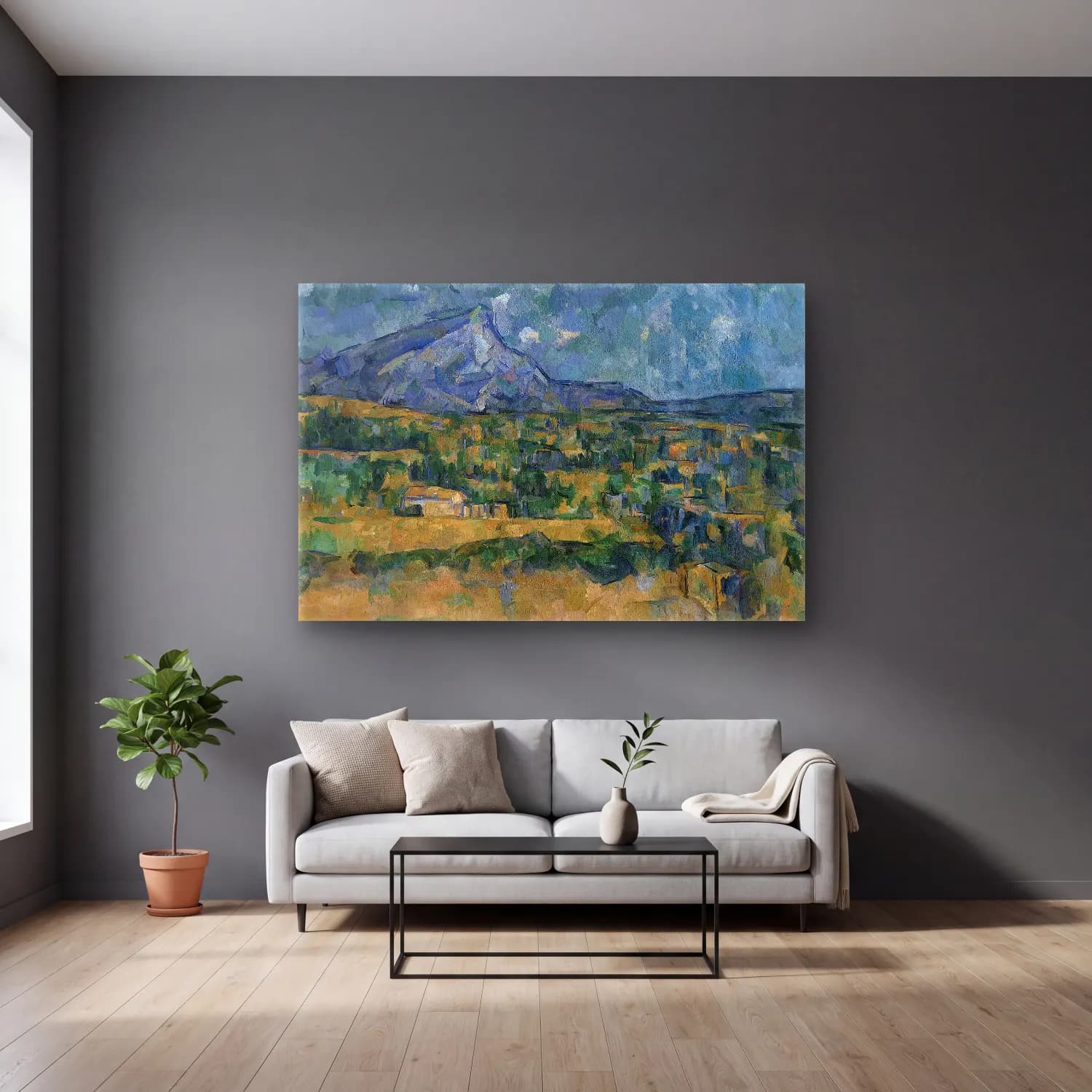Paul Cezanne – Dağ Manzarası cam tablo — gri duvarlı salonda