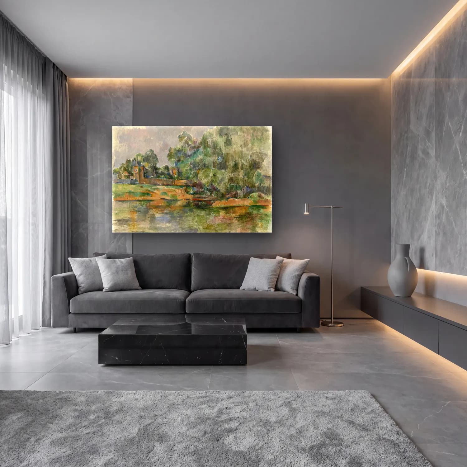 Paul Cezanne – Kırda Nehir – Bej Tonlar cam tablo — lüks salon duvarında