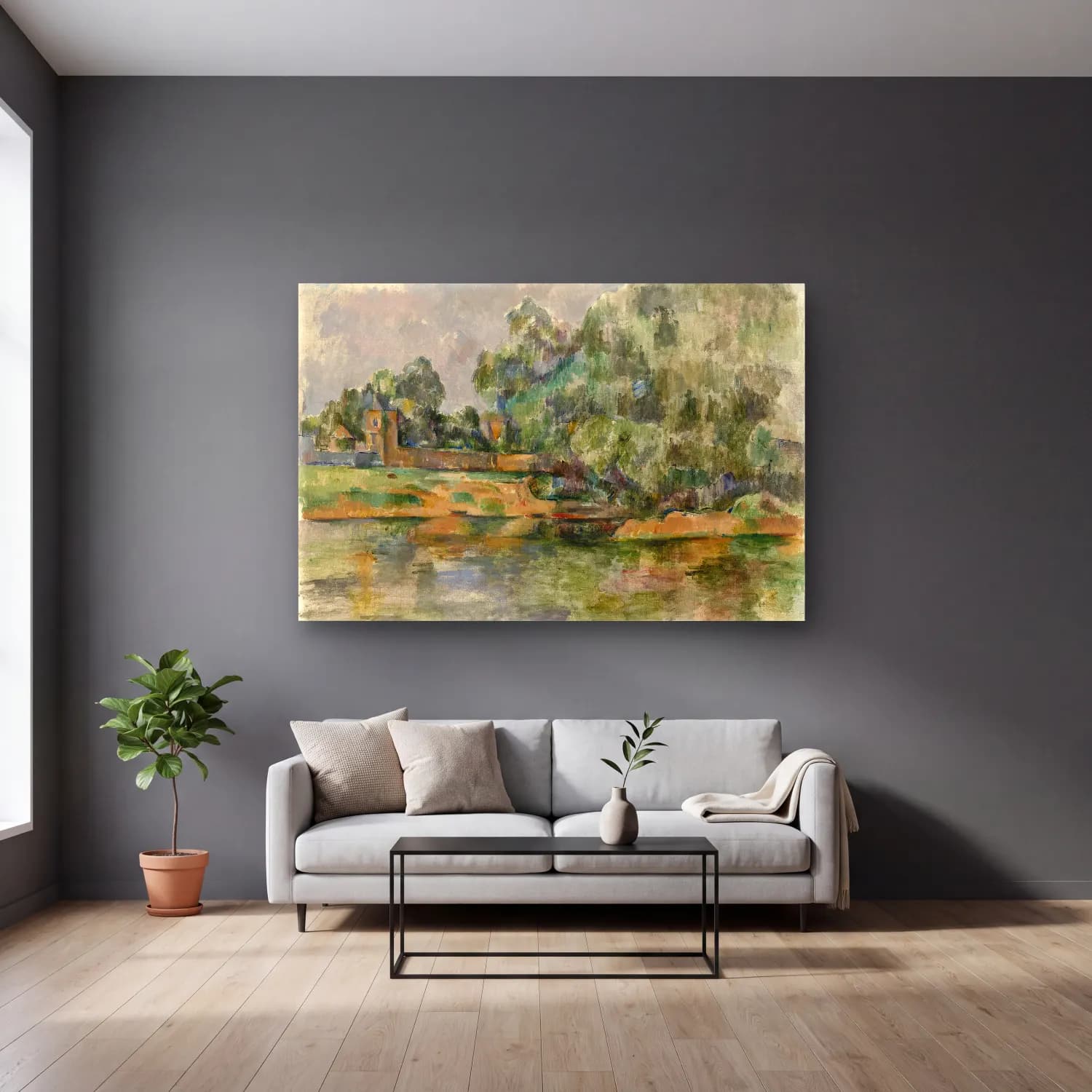 Paul Cezanne – Kırda Nehir – Bej Tonlar cam tablo — gri duvarlı salonda