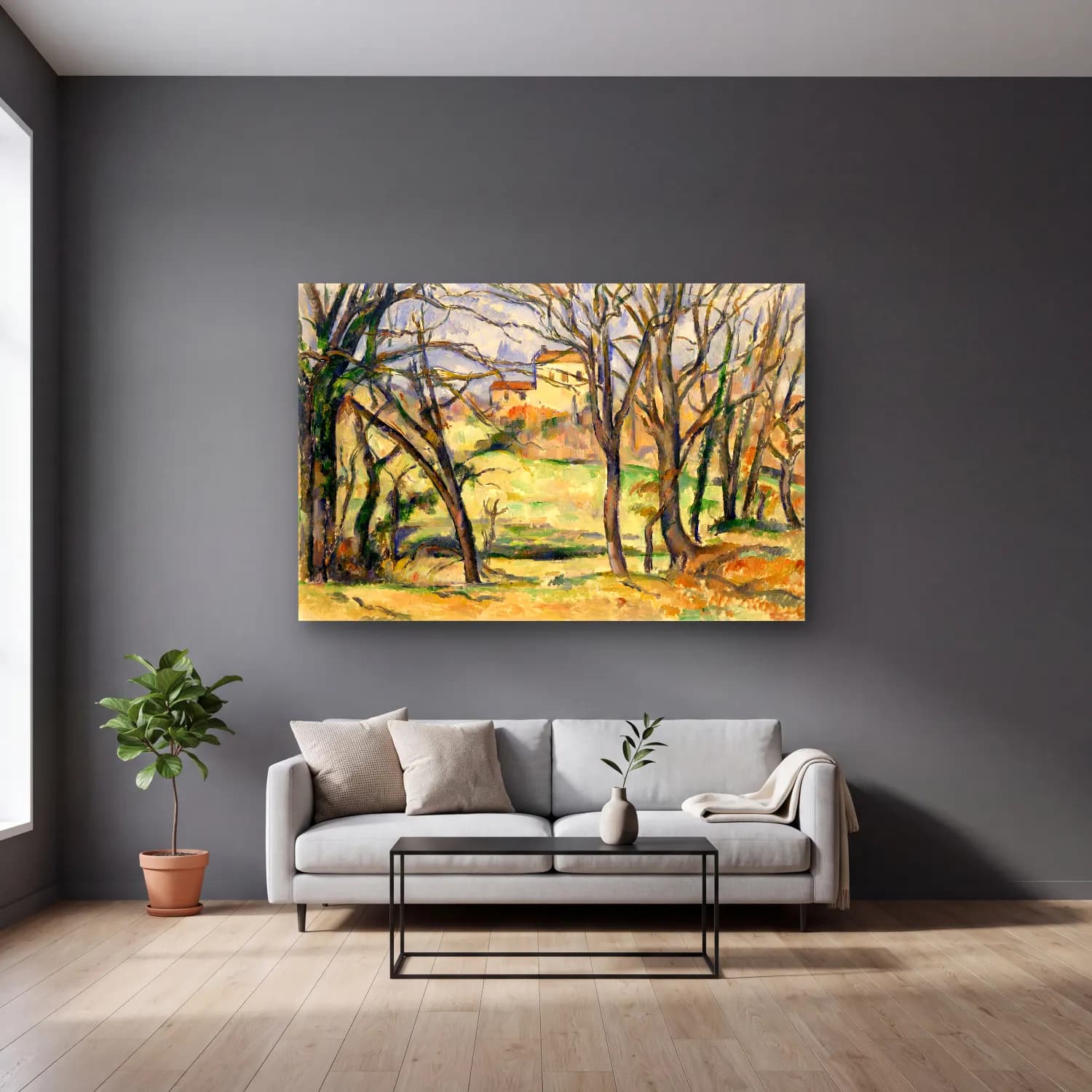 Paul Cezanne – Kır Evi cam tablo — gri duvarlı salonda