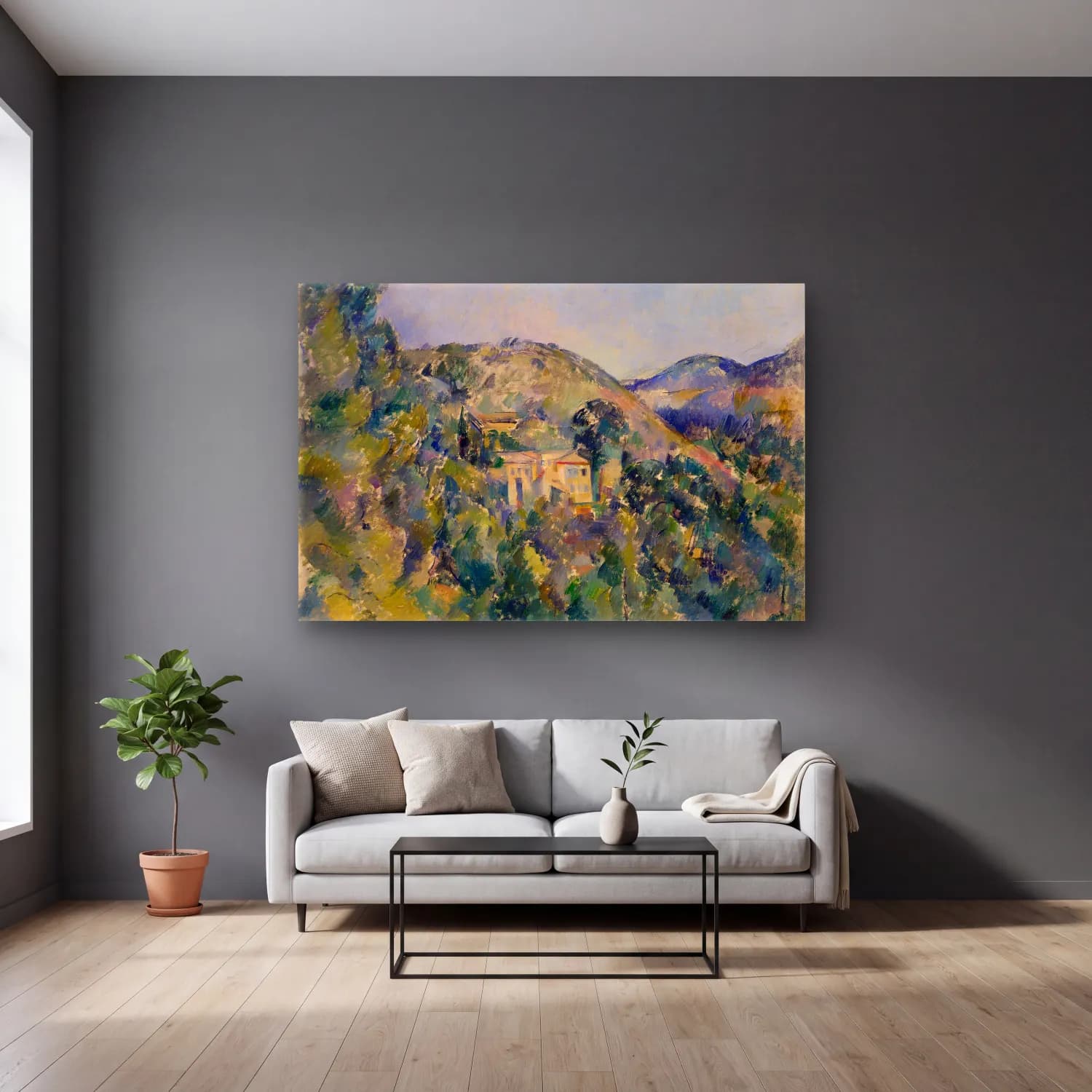 Paul Cezanne – Yunan Adası cam tablo — gri duvarlı salonda