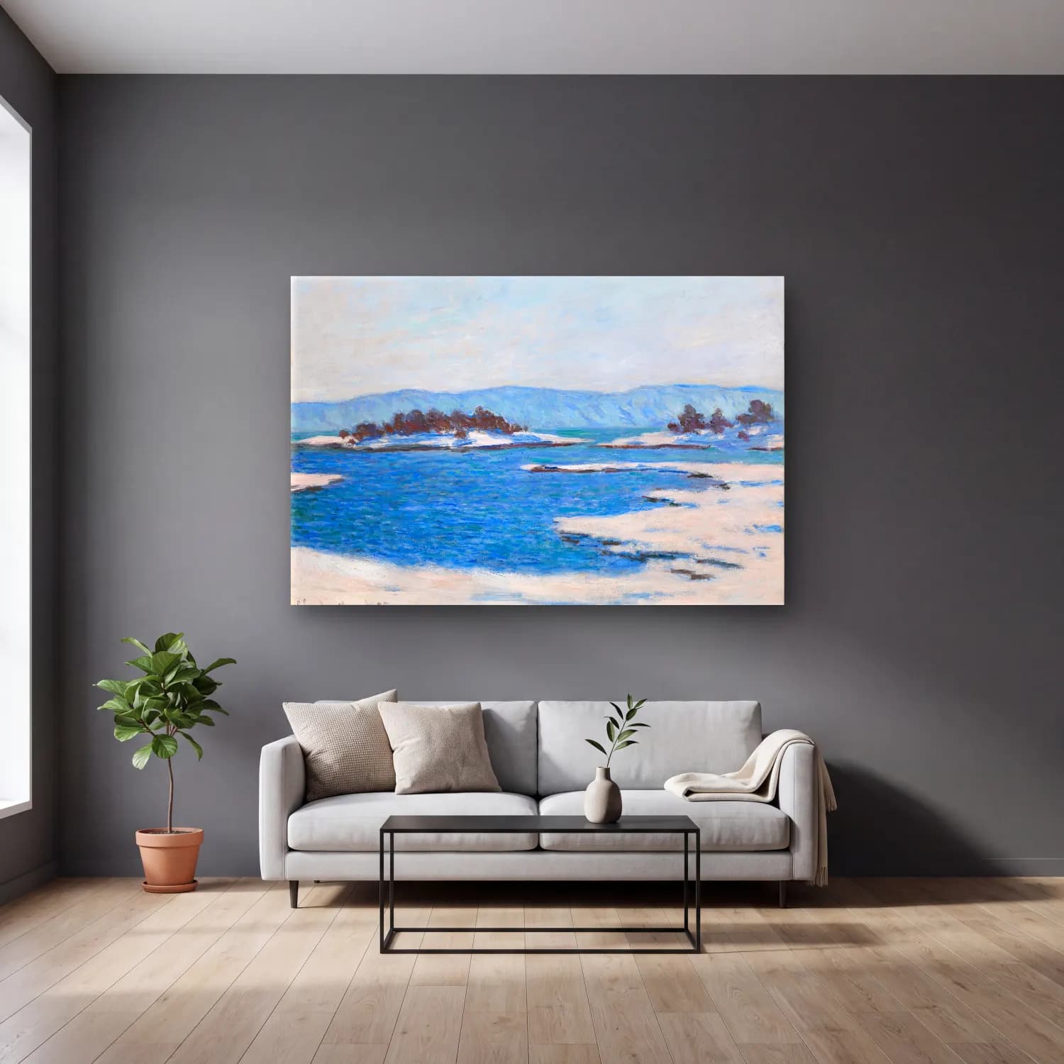 Claude Monet – Karlı Kış Manzarası cam tablo — gri duvarlı salonda