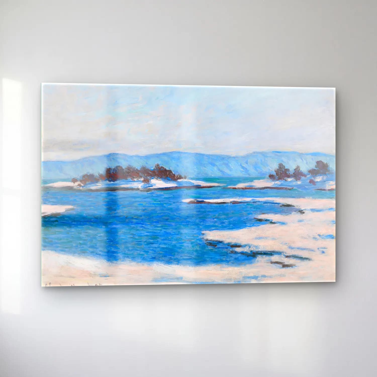 Claude Monet – Karlı Kış Manzarası cam tablo — sol açıdan görünüm
