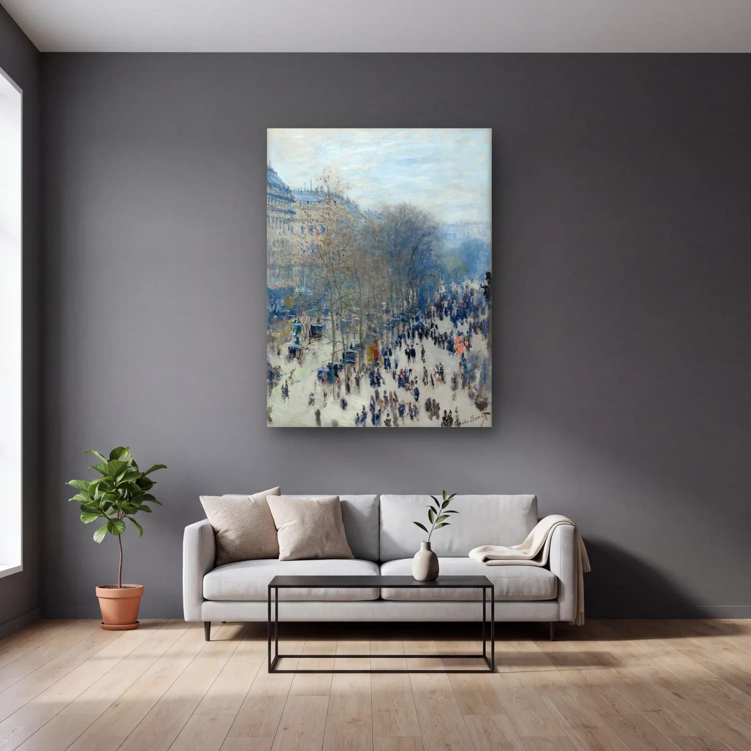 Claude Monet – Kalabalık Cadde cam tablo — gri duvarlı salonda
