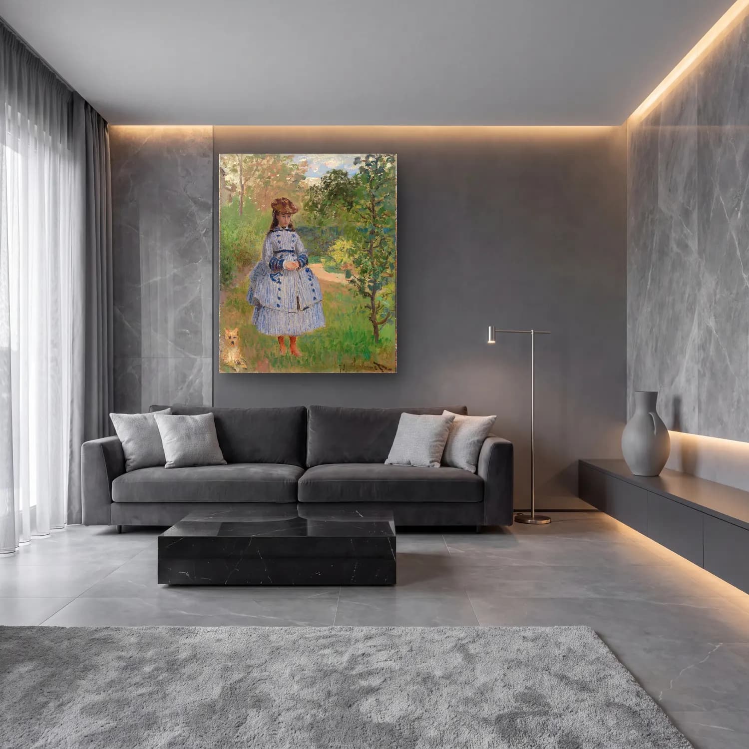 Claude Monet – Elbiseli Kadın – Mavi Tonlar cam tablo — lüks salon duvarında