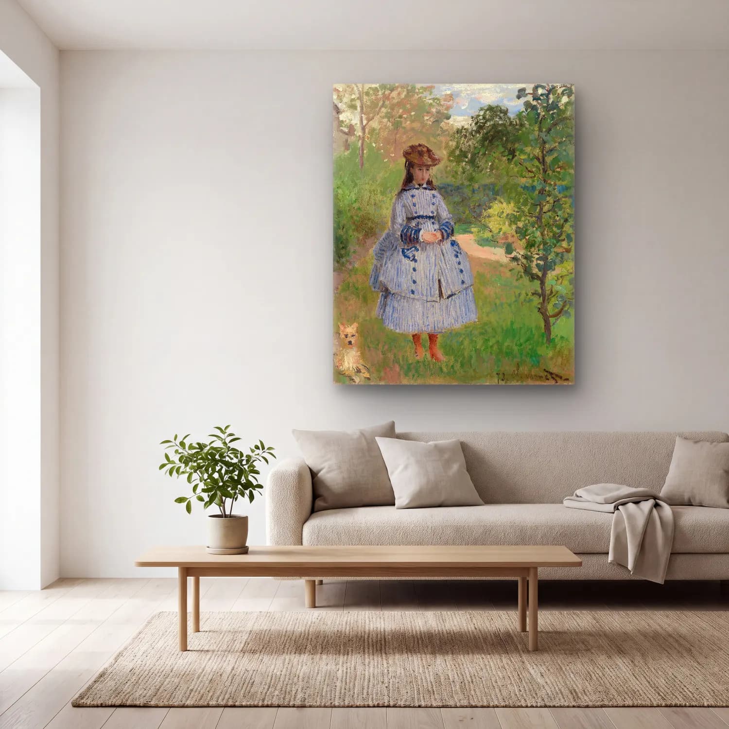 Claude Monet – Elbiseli Kadın – Mavi Tonlar cam tablo — açık renk salonda