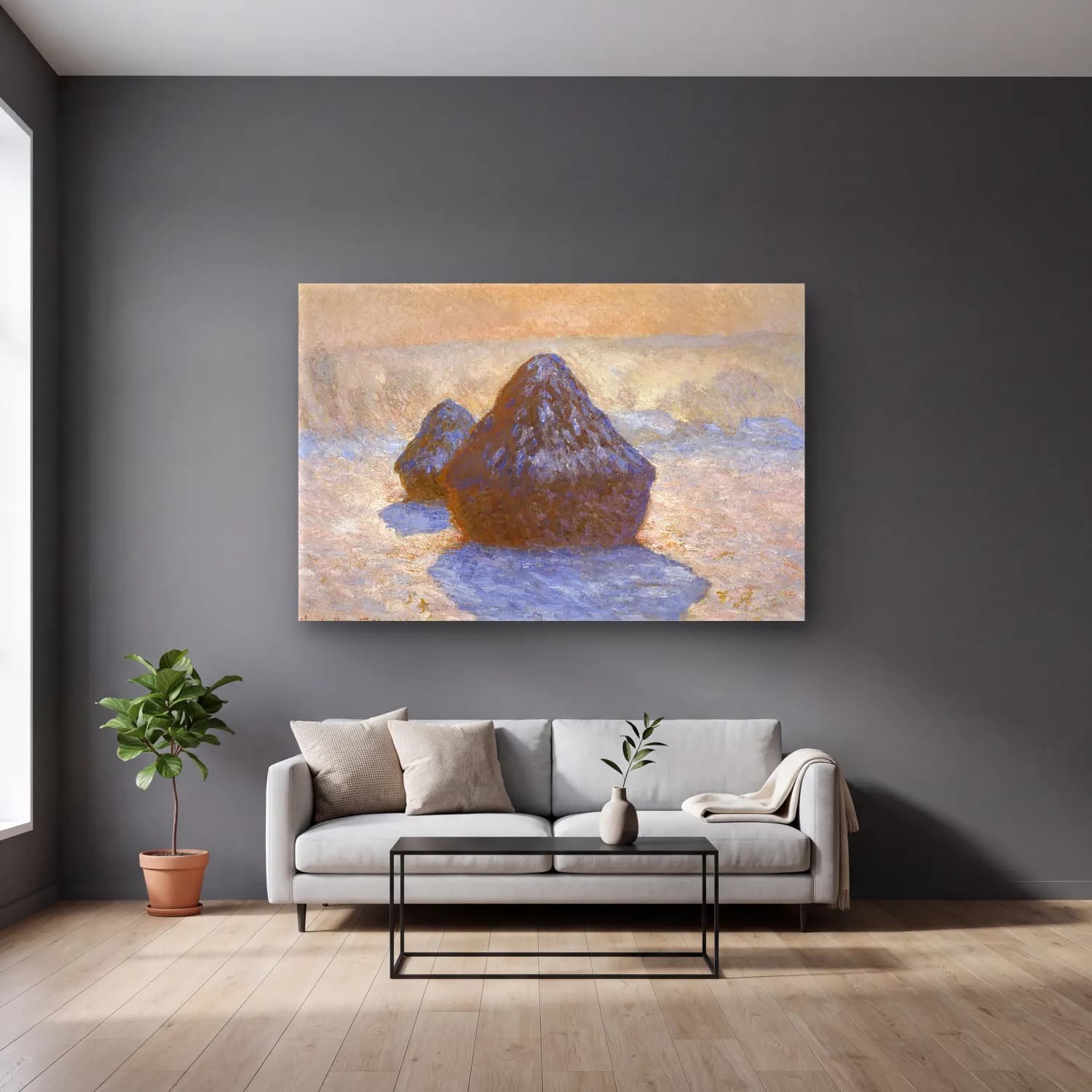 Claude Monet – Renk Alanları cam tablo — gri duvarlı salonda