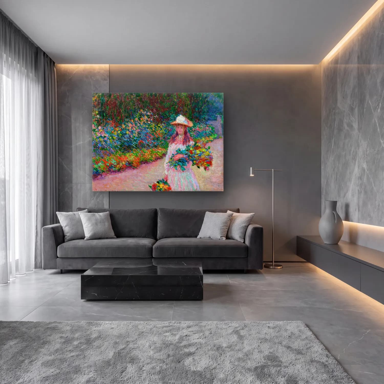 Claude Monet – Çiçek Bahçesi cam tablo — lüks salon duvarında
