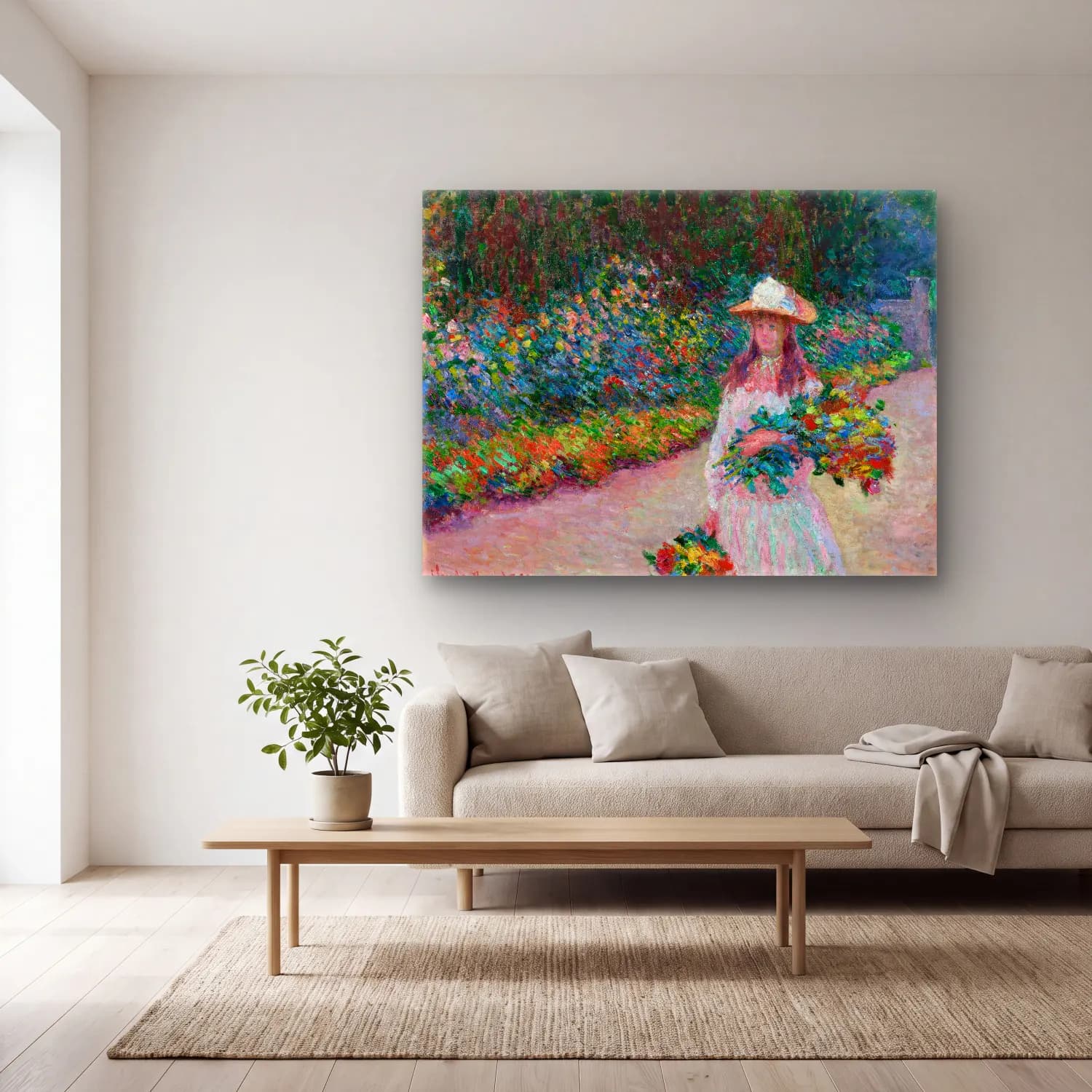 Claude Monet – Çiçek Bahçesi cam tablo — açık renk salonda