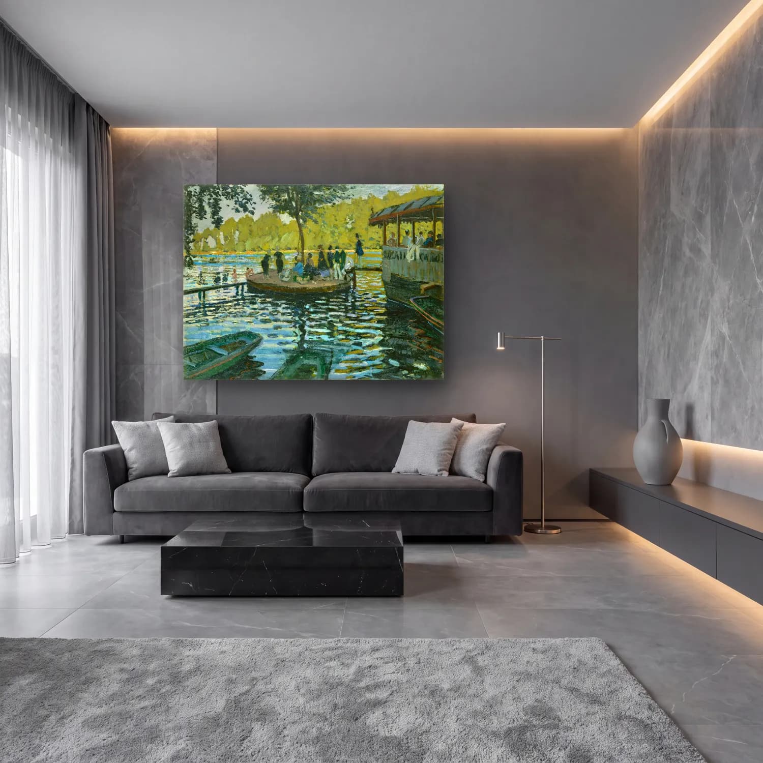 Claude Monet – Liman ve Tekneler cam tablo — lüks salon duvarında