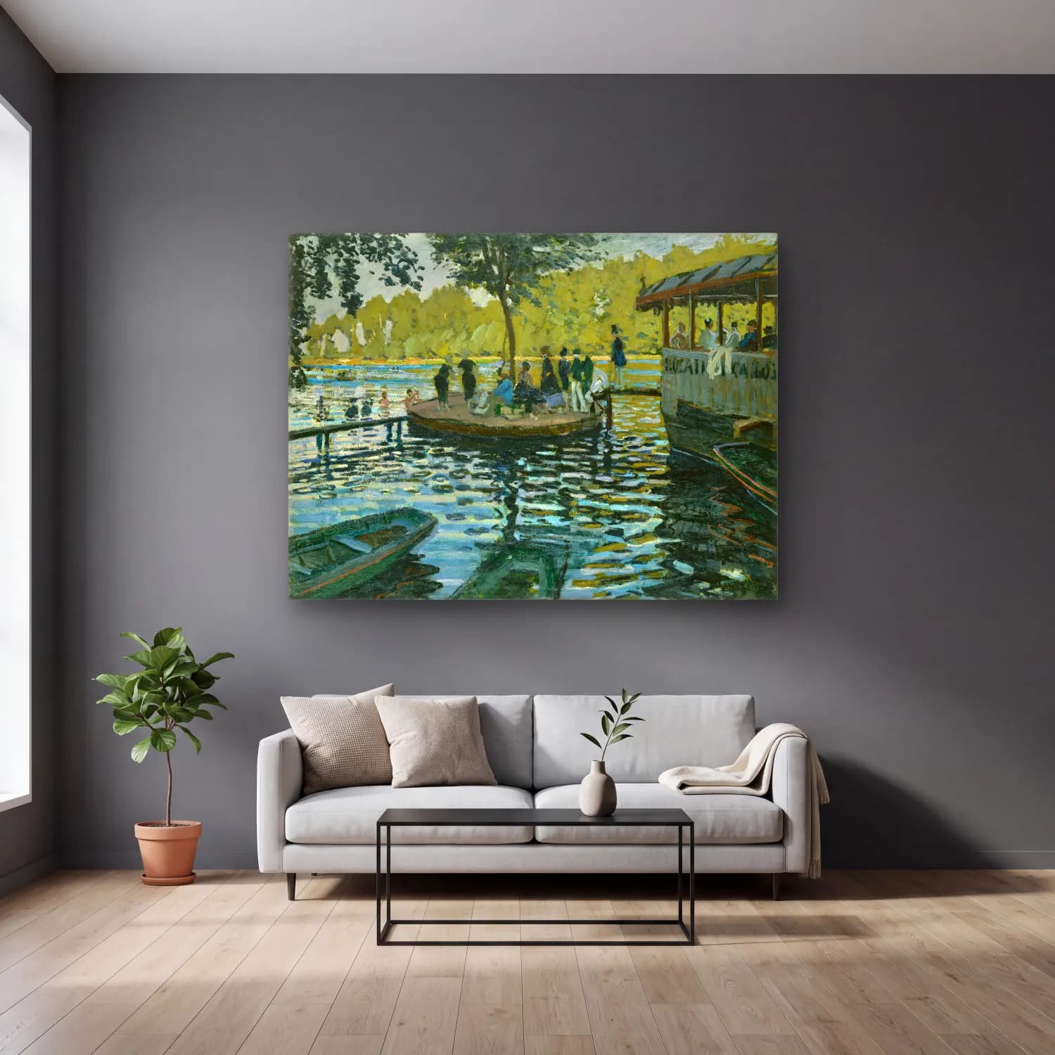 Claude Monet – Liman ve Tekneler cam tablo — gri duvarlı salonda