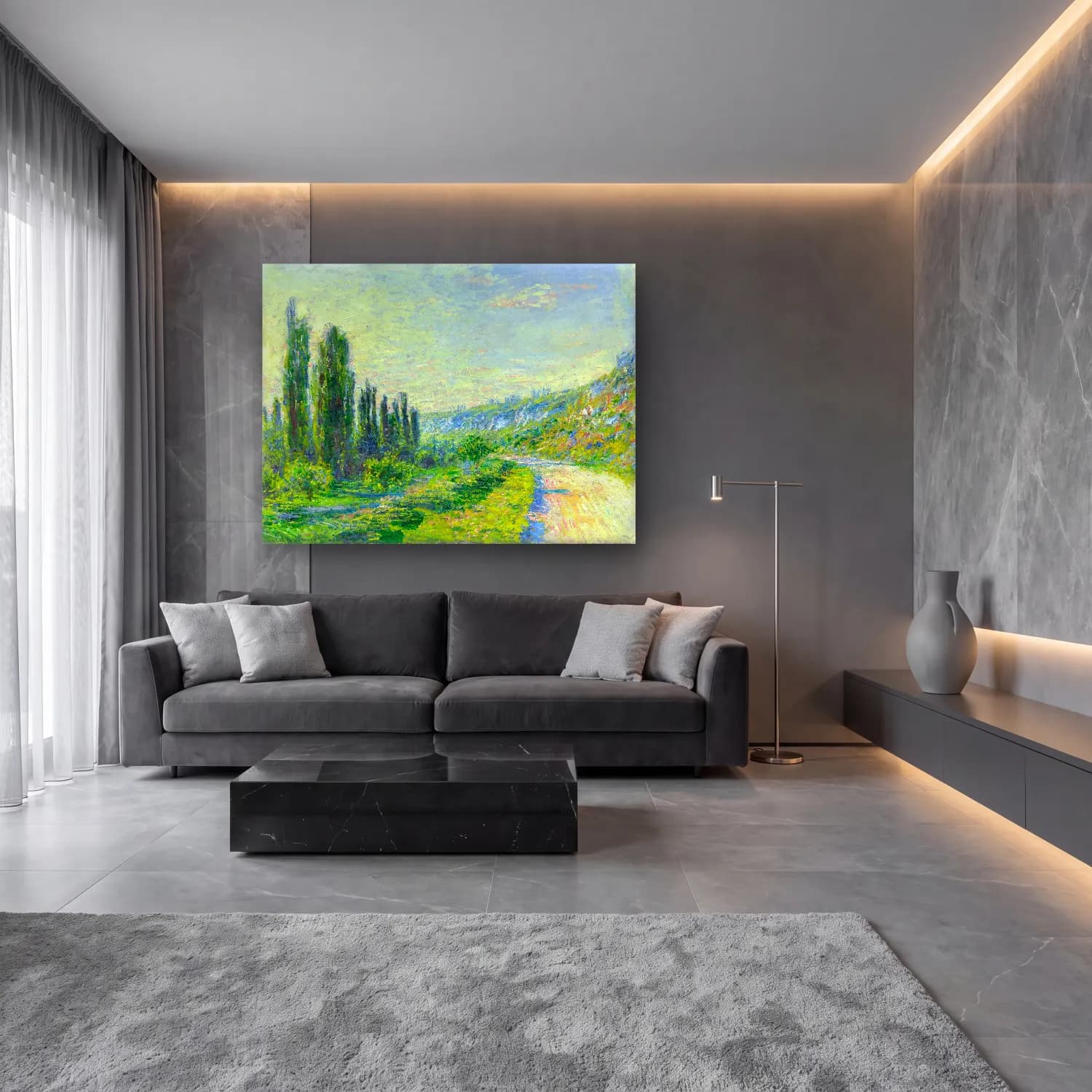 Claude Monet – Yeşil Tepeler cam tablo — lüks salon duvarında