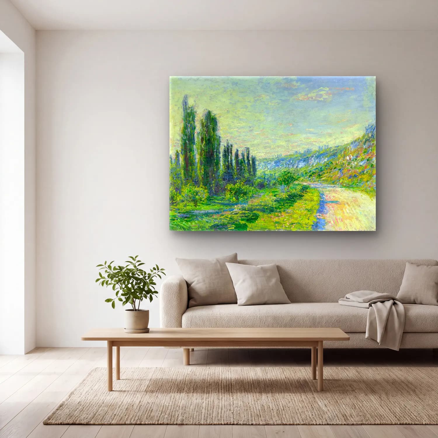 Claude Monet – Yeşil Tepeler cam tablo — açık renk salonda