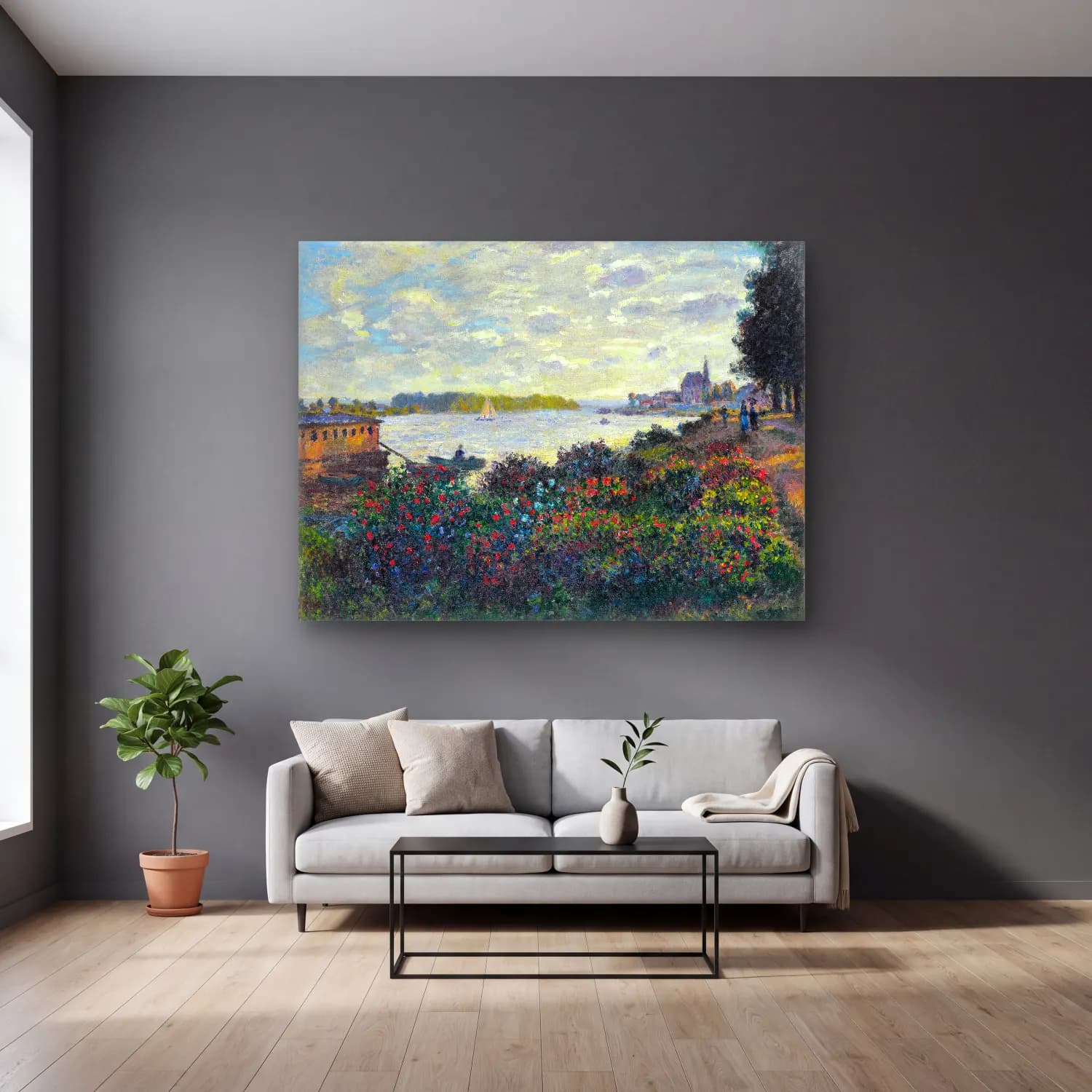 Claude Monet – Liman ve Tekneler – Pembe Tonlar cam tablo — gri duvarlı salonda