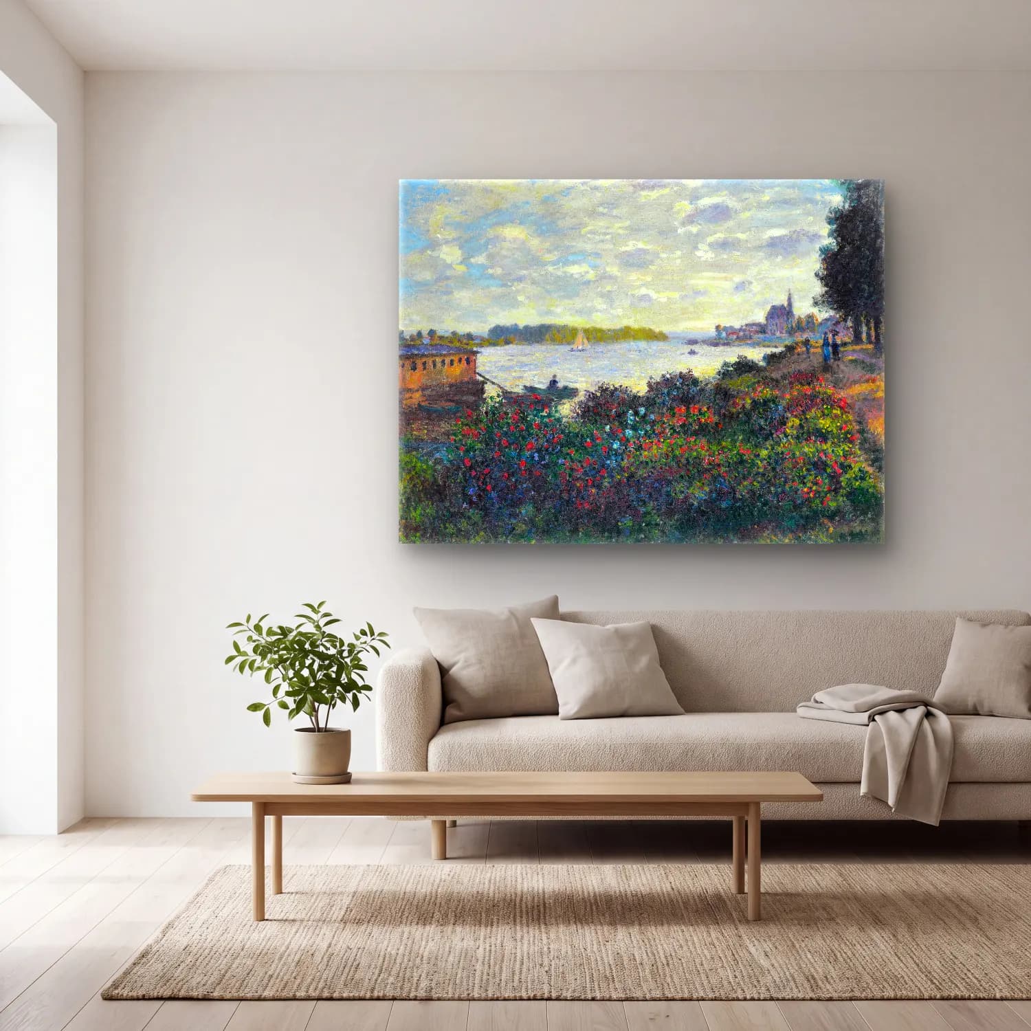Claude Monet – Liman ve Tekneler – Pembe Tonlar cam tablo — açık renk salonda