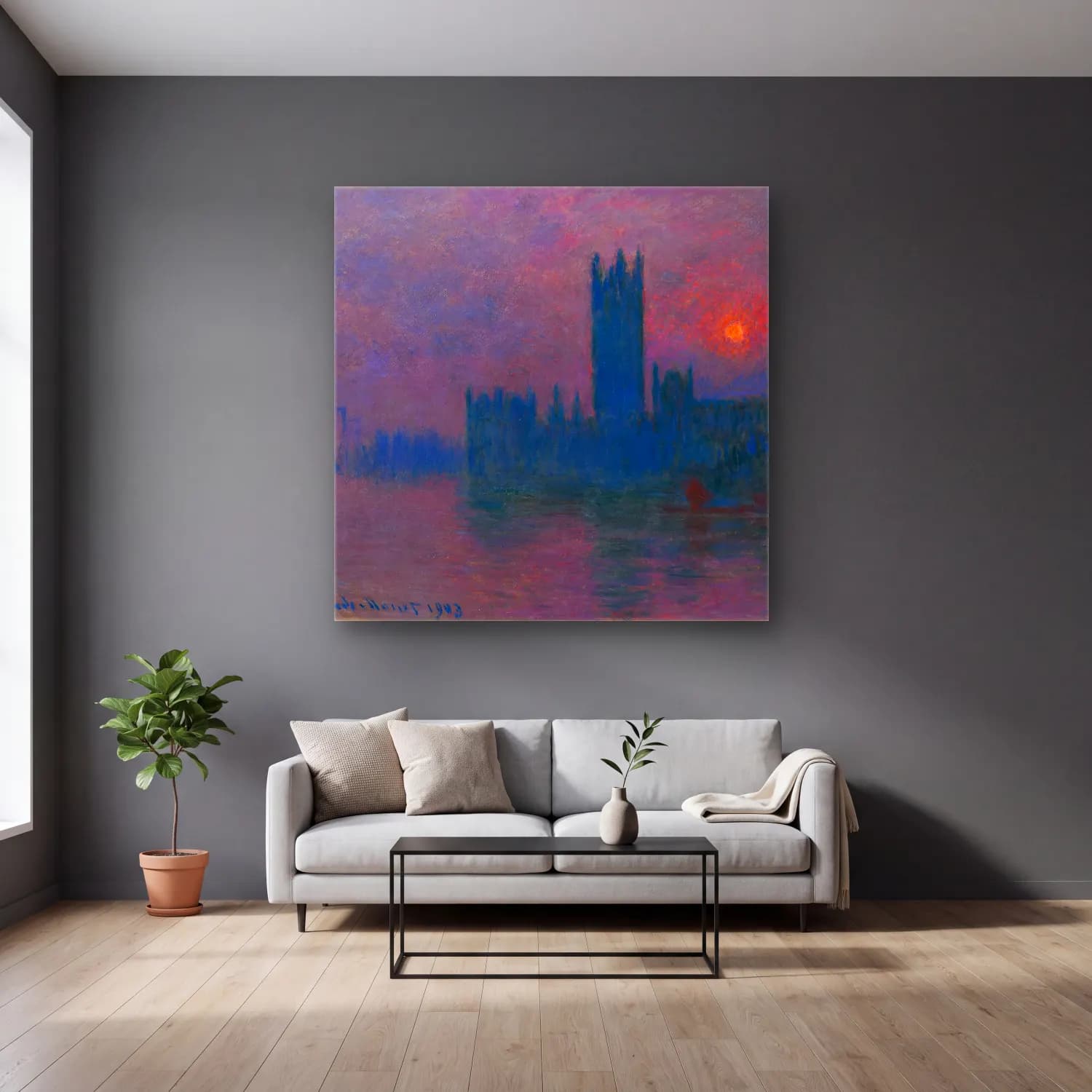 Claude Monet – Londra cam tablo — gri duvarlı salonda