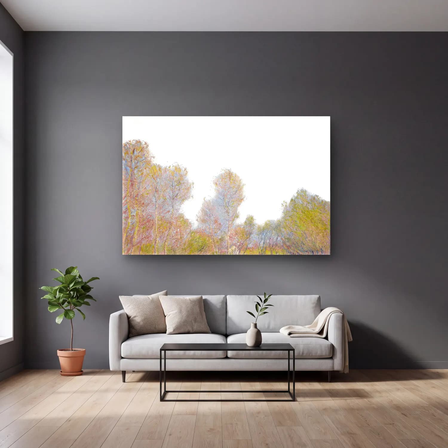 Claude Monet – Kiraz Çiçekleri cam tablo — gri duvarlı salonda