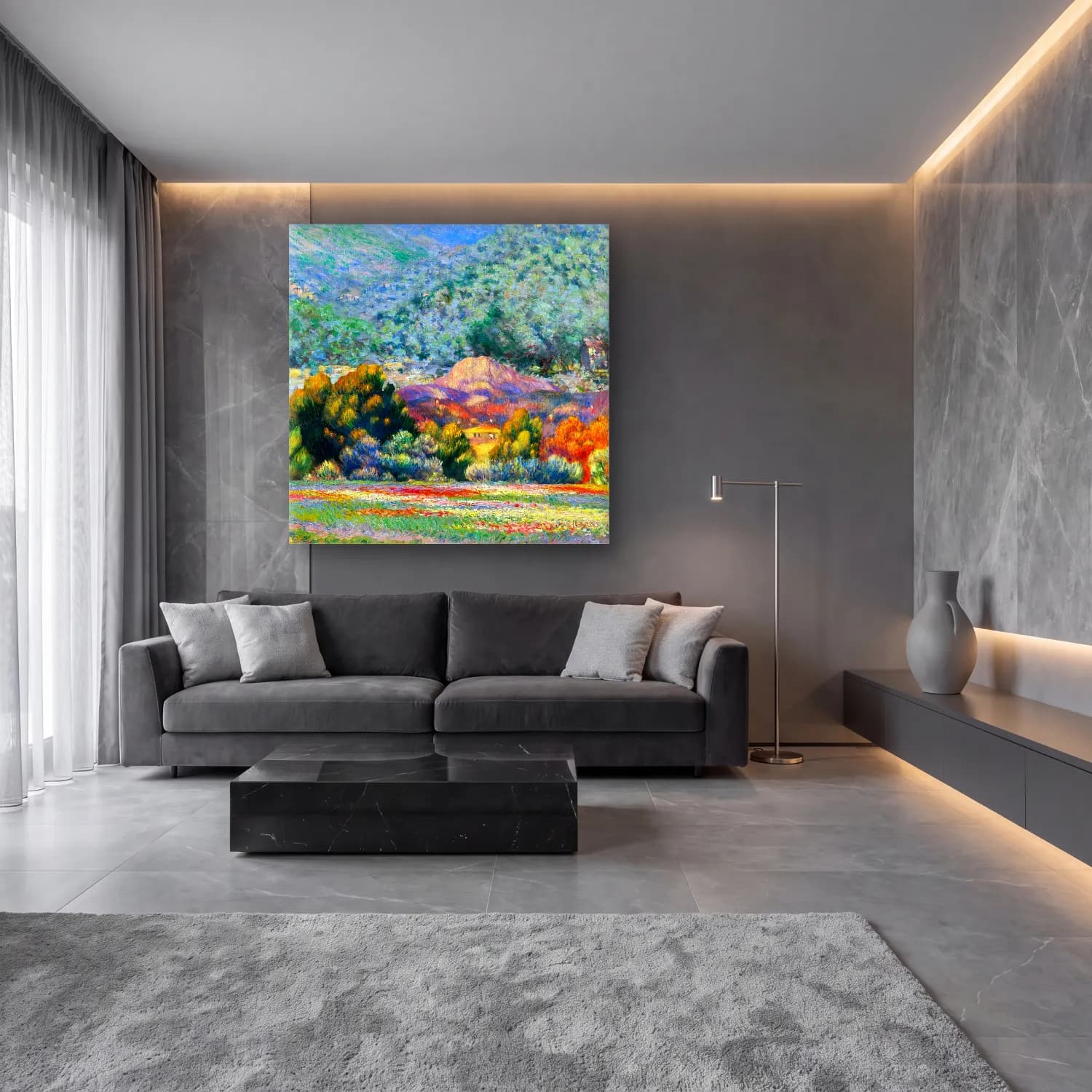 Claude Monet – Gelincik Tarlası cam tablo — lüks salon duvarında