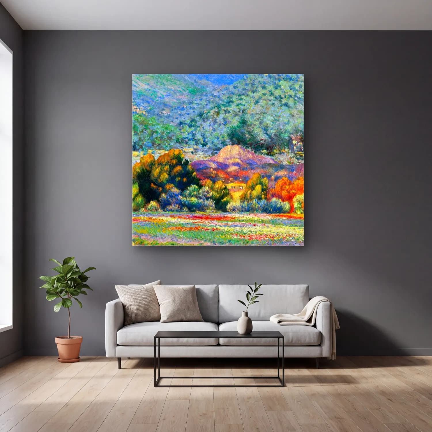 Claude Monet – Gelincik Tarlası cam tablo — gri duvarlı salonda