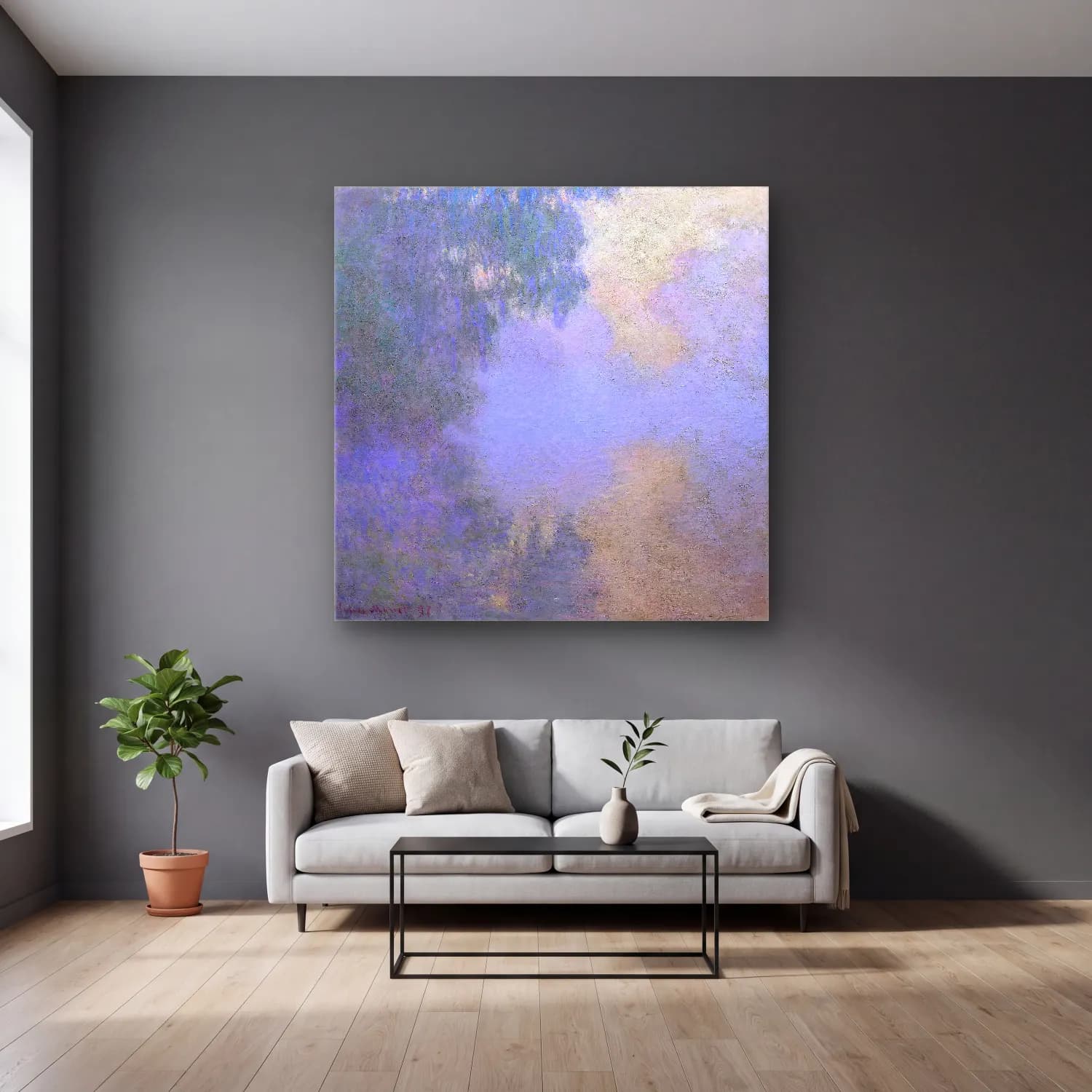 Claude Monet – Bulutlu Gökyüzü cam tablo — gri duvarlı salonda