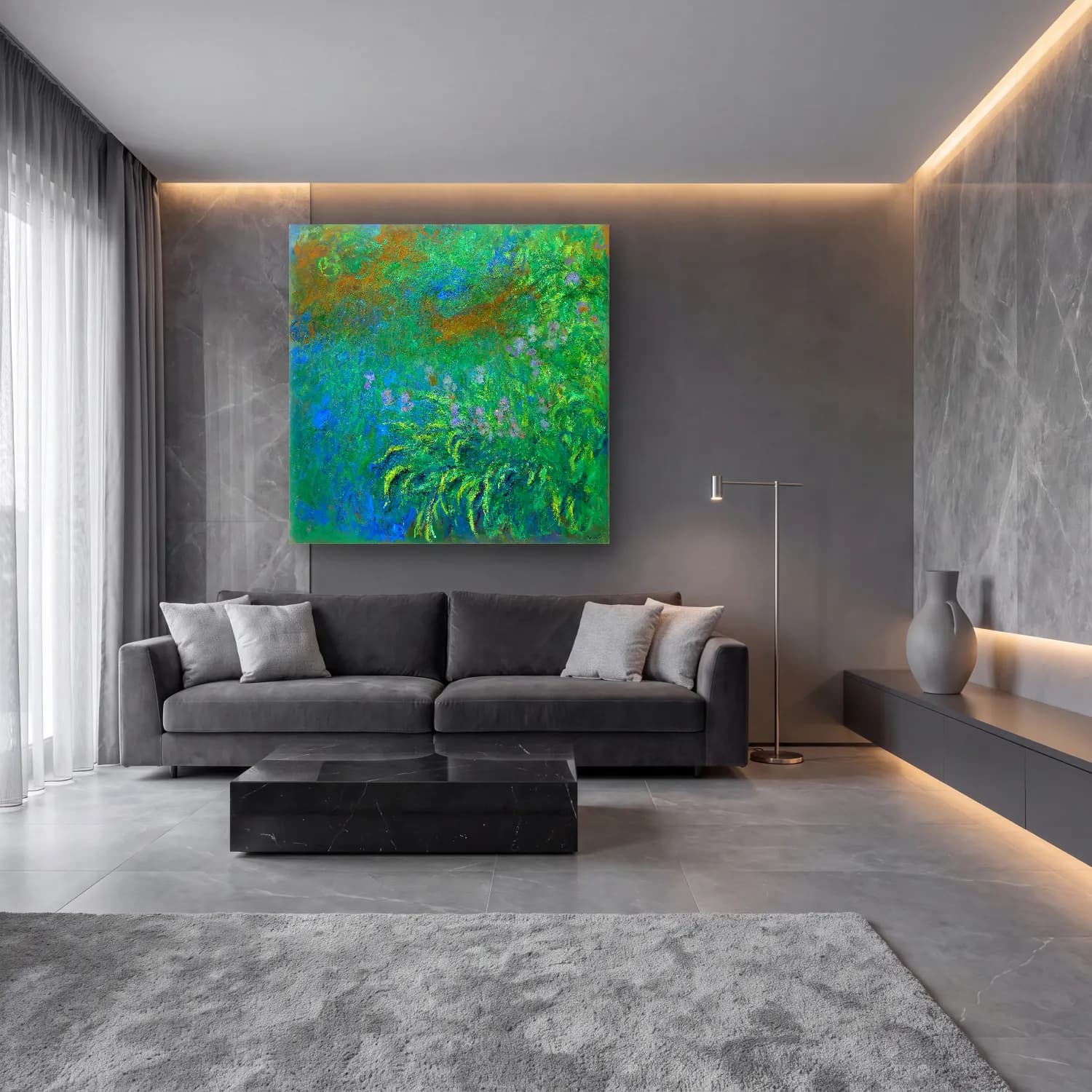 Claude Monet – Süsenler – Yeşil Tonlar cam tablo — lüks salon duvarında