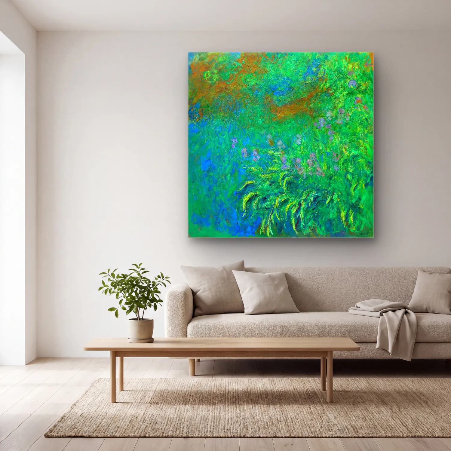 Claude Monet – Süsenler – Yeşil Tonlar cam tablo — açık renk salonda
