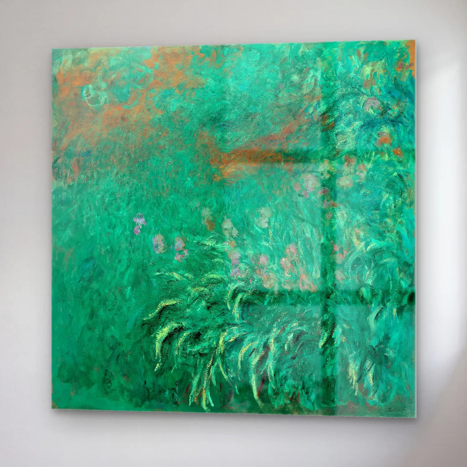 Claude Monet – Süsenler – Yeşil Tonlar cam tablo — sağ açıdan görünüm