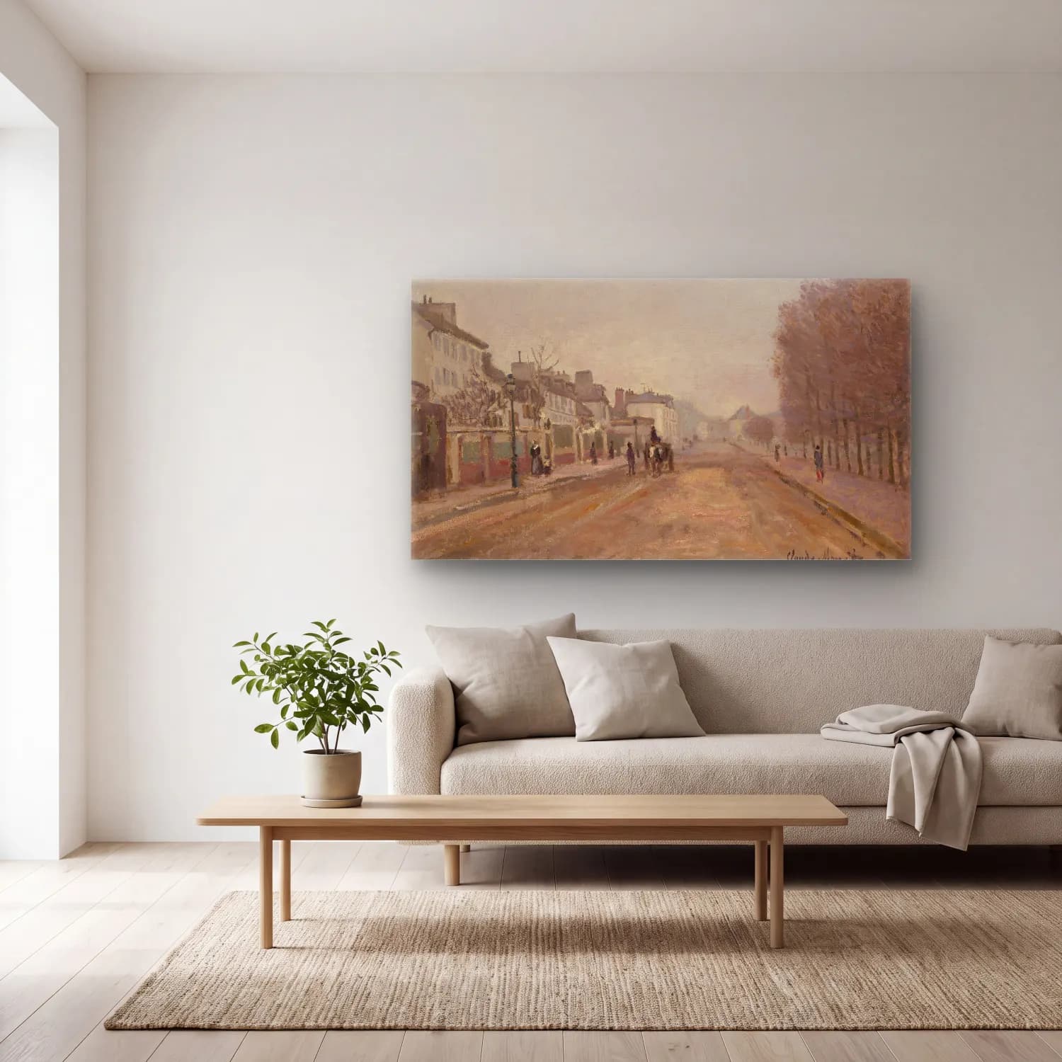 Claude Monet – Köy Sokağı cam tablo — açık renk salonda