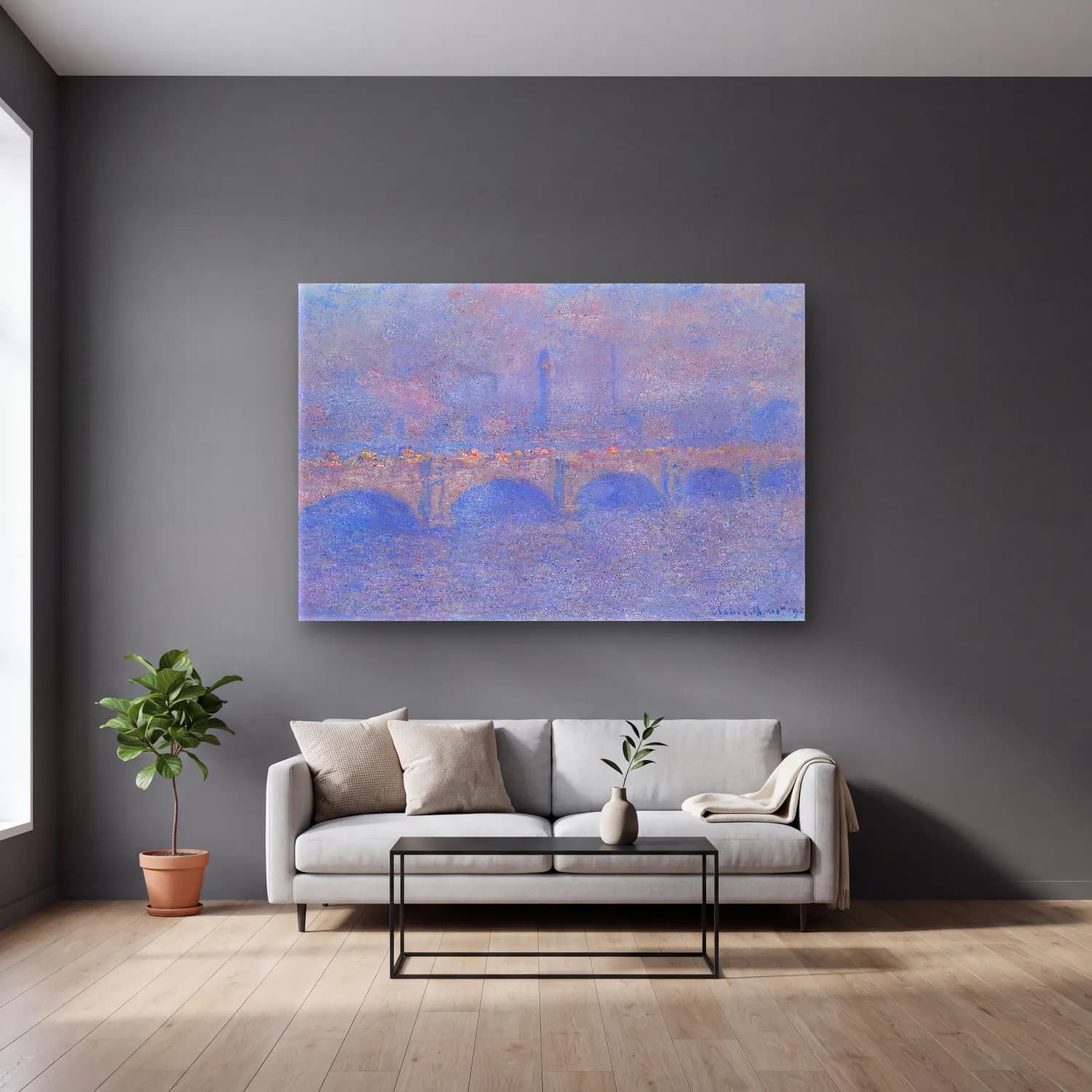 Claude Monet – Köprü cam tablo — gri duvarlı salonda