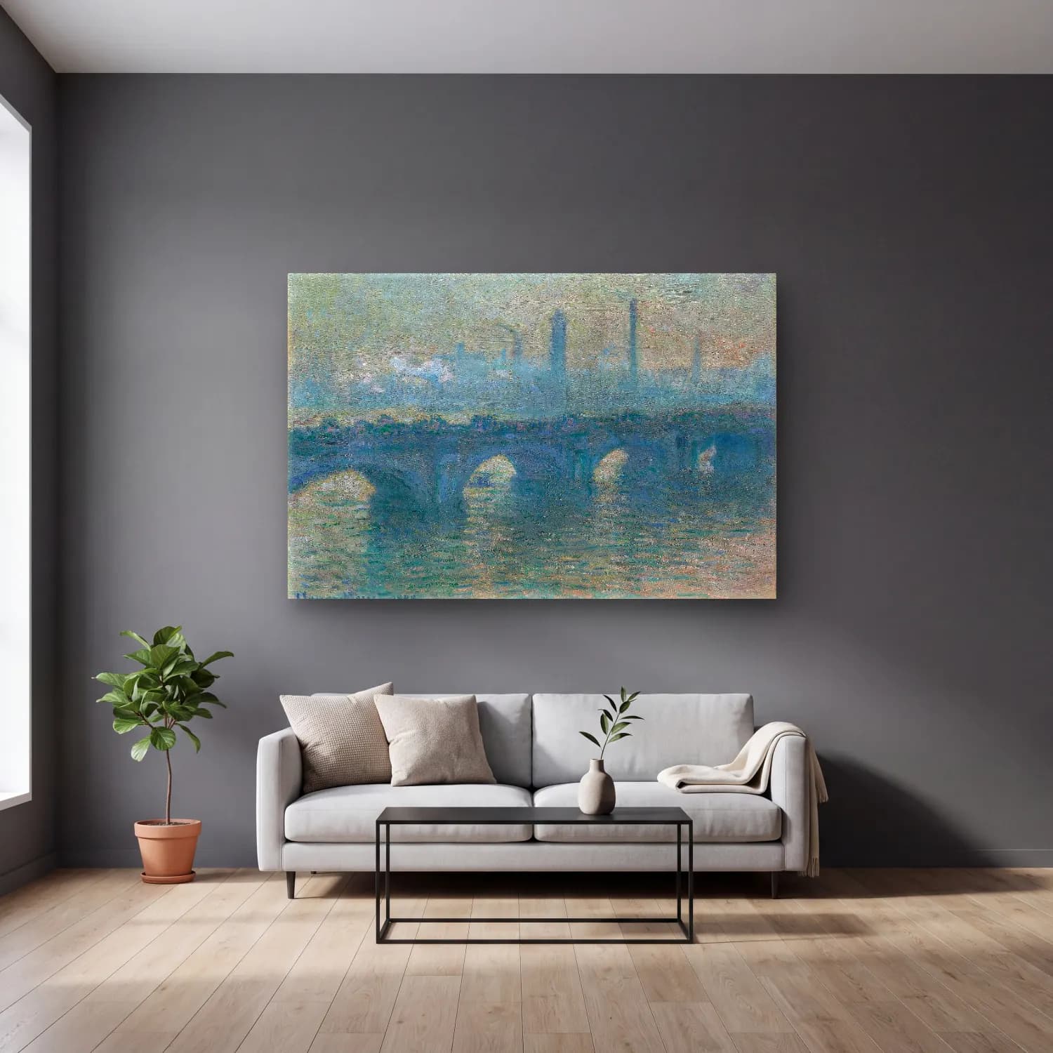 Claude Monet – Köprü – Mavi Tonlar cam tablo — gri duvarlı salonda