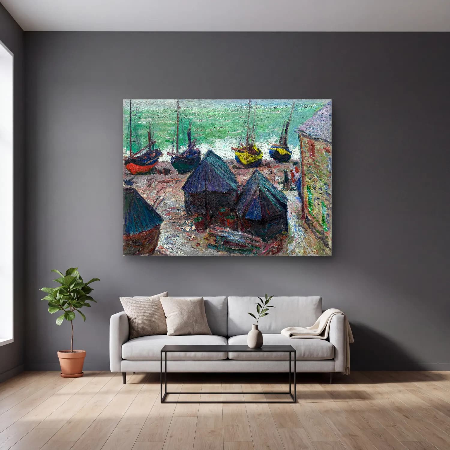 Claude Monet – Liman ve Tekneler – Pastel Tonlar cam tablo — gri duvarlı salonda
