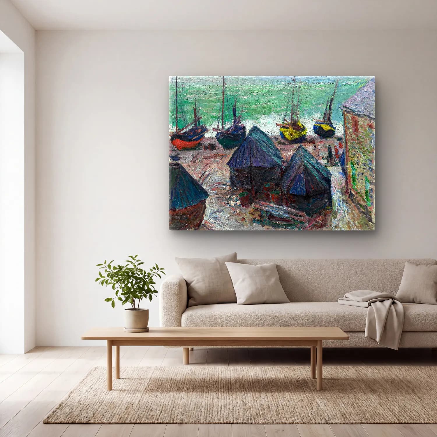 Claude Monet – Liman ve Tekneler – Pastel Tonlar cam tablo — açık renk salonda