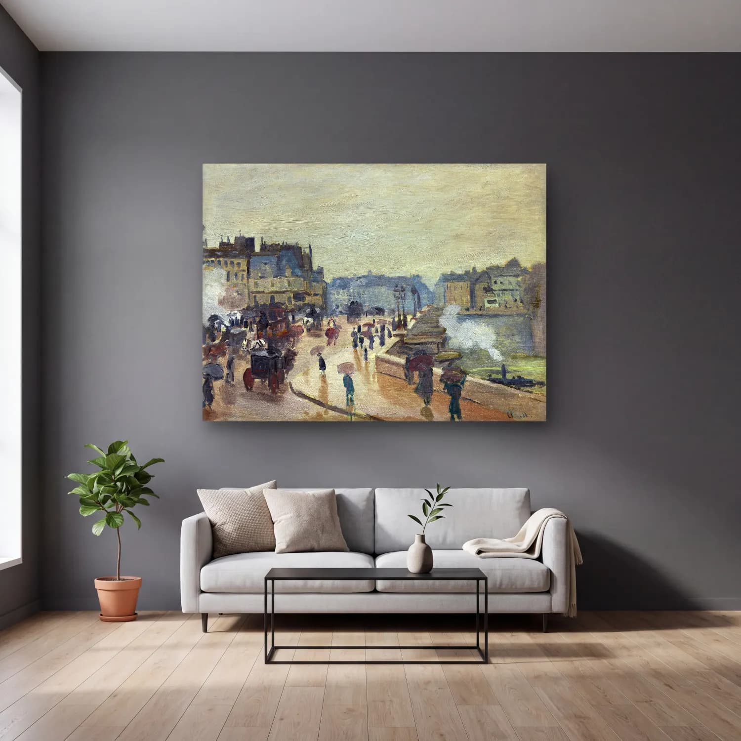 Claude Monet – Liman ve Tekneler – Bej Tonlar cam tablo — gri duvarlı salonda
