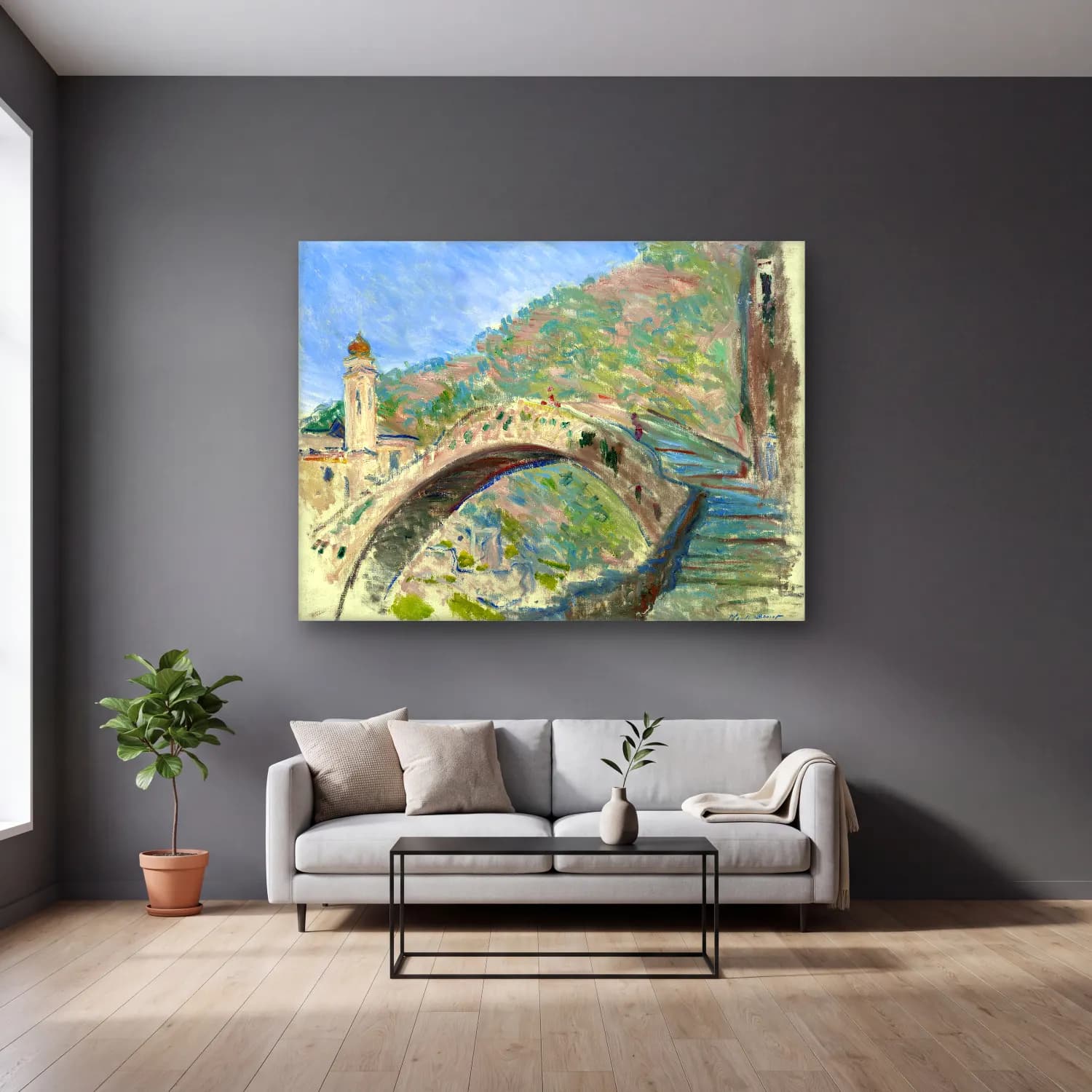 Claude Monet – Köprü – Pastel Tonlar cam tablo — gri duvarlı salonda