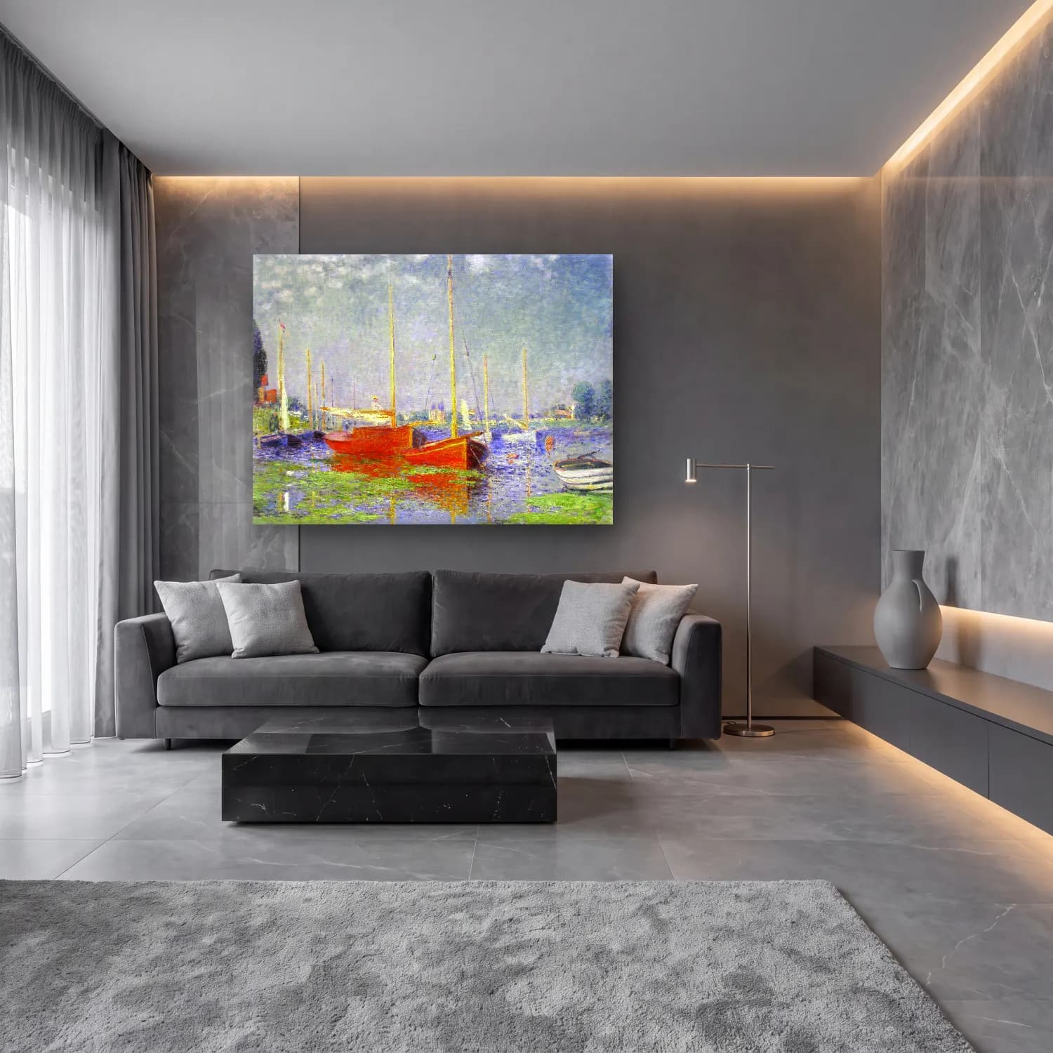 Claude Monet – Liman ve Tekneler – Kırmızı Tonlar cam tablo — lüks salon duvarında