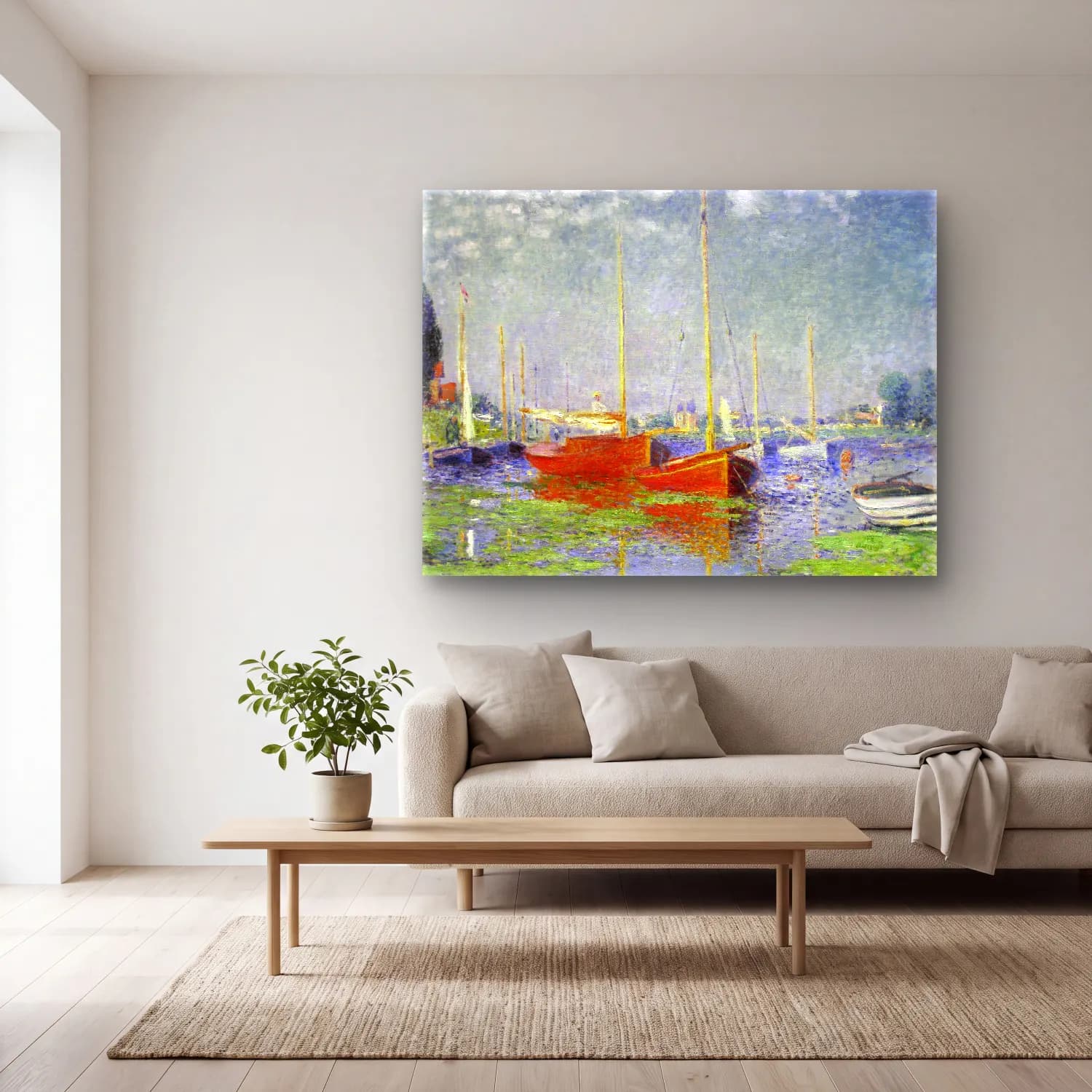 Claude Monet – Liman ve Tekneler – Kırmızı Tonlar cam tablo — açık renk salonda