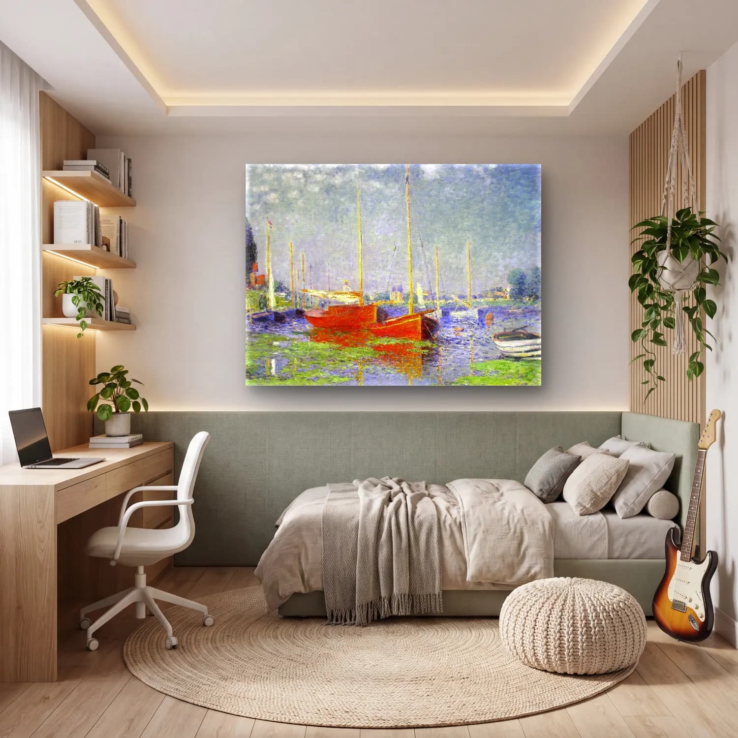 Claude Monet – Liman ve Tekneler – Kırmızı Tonlar cam tablo — genç odasında