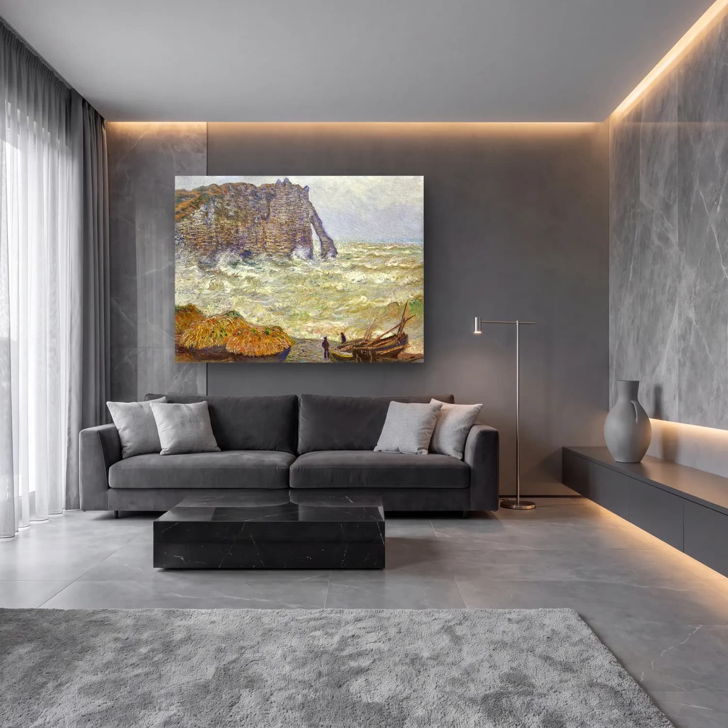 Claude Monet – Fırtınalı Denizde Gemi cam tablo — lüks salon duvarında