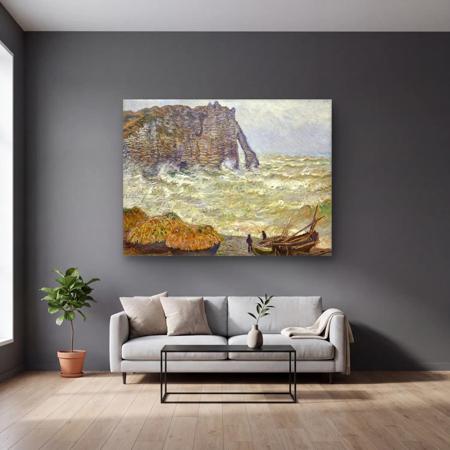 Claude Monet – Fırtınalı Denizde Gemi cam tablo — gri duvarlı salonda