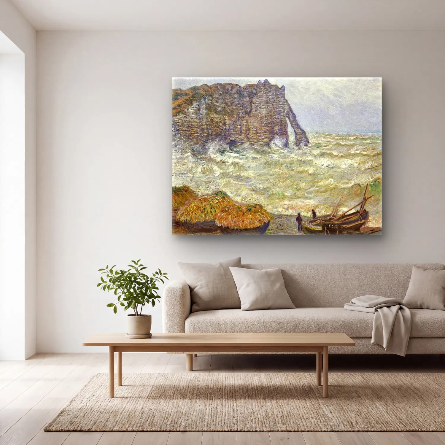 Claude Monet – Fırtınalı Denizde Gemi cam tablo — açık renk salonda