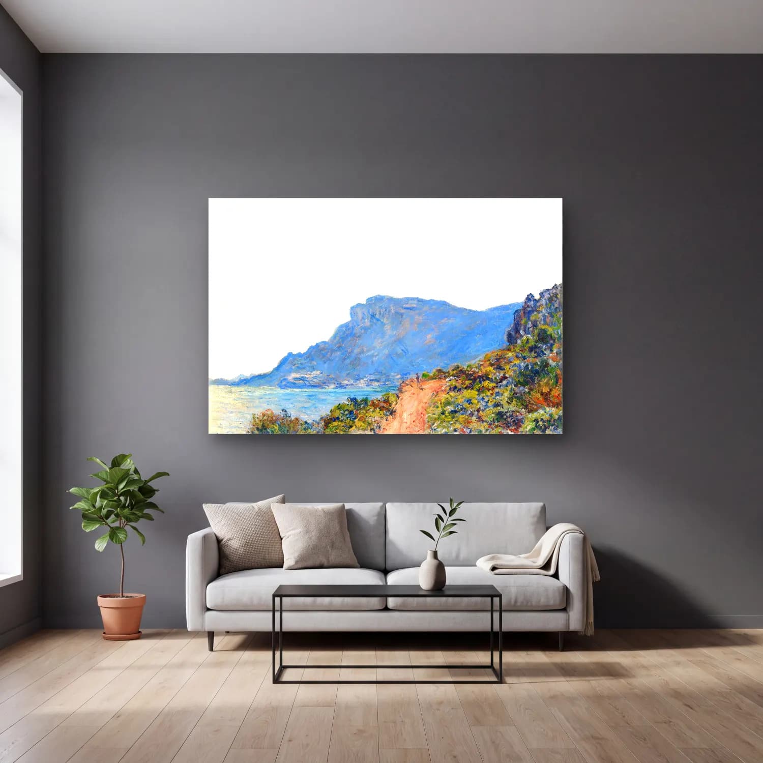 Claude Monet – İtalyan Sahili – Pastel Tonlar cam tablo — gri duvarlı salonda