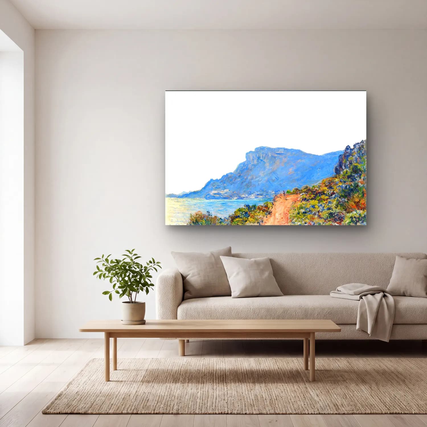 Claude Monet – İtalyan Sahili – Pastel Tonlar cam tablo — açık renk salonda
