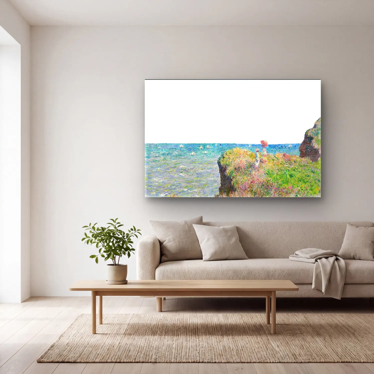 Claude Monet – Sahilde İnsanlar cam tablo — açık renk salonda