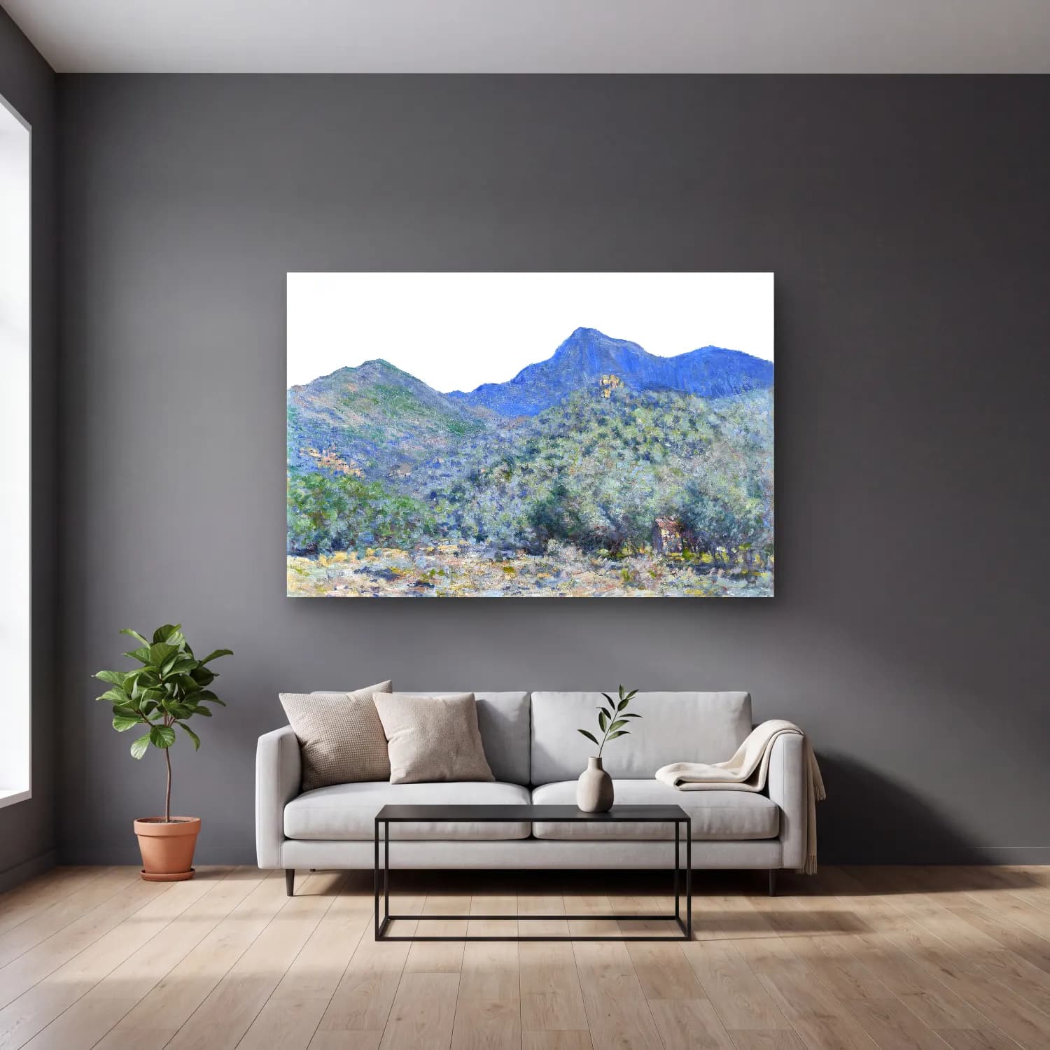 Claude Monet – Dağ Manzarası – Mavi Tonlar cam tablo — gri duvarlı salonda
