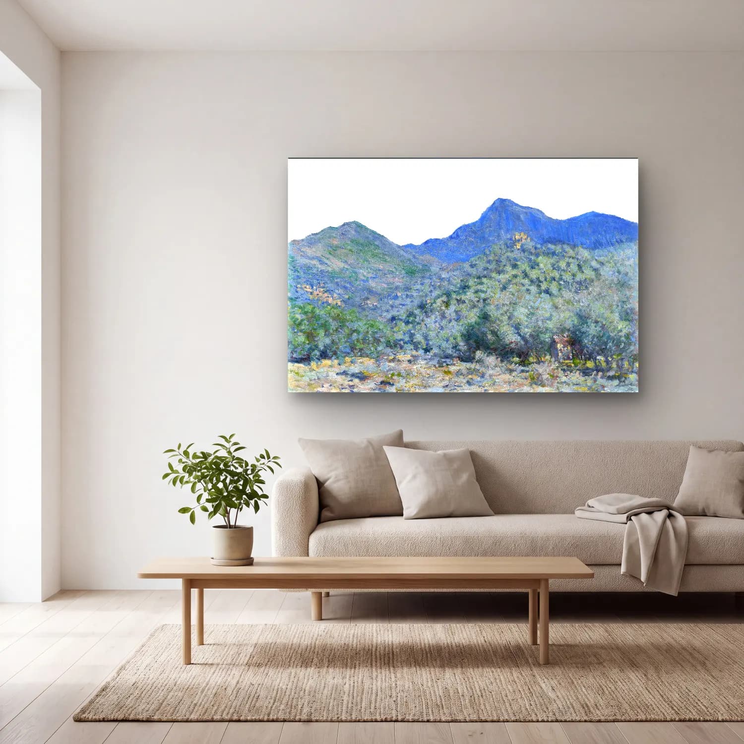 Claude Monet – Dağ Manzarası – Mavi Tonlar cam tablo — açık renk salonda