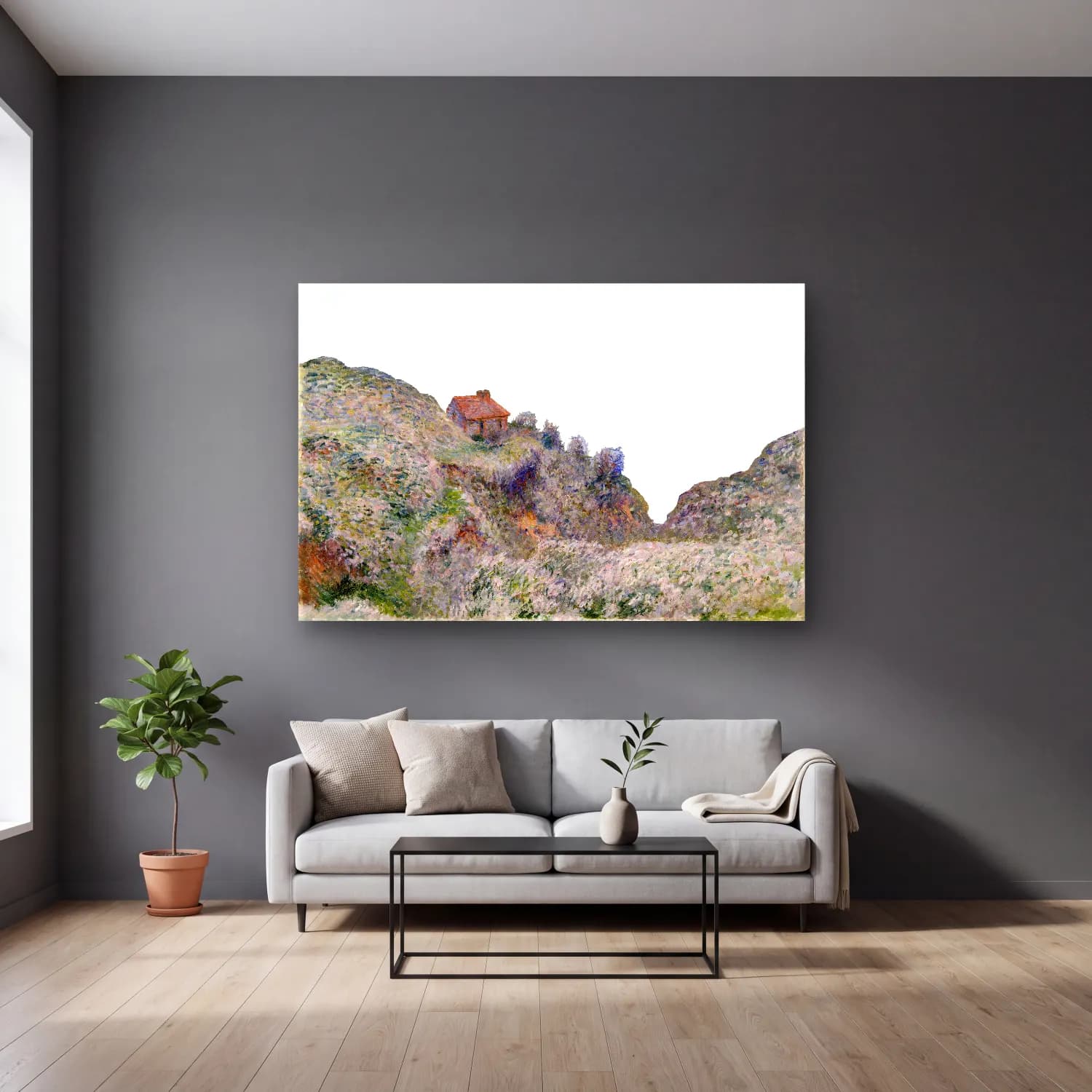 Claude Monet – Kır Evi cam tablo — gri duvarlı salonda