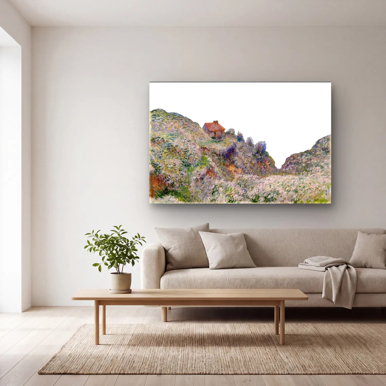 Claude Monet – Kır Evi cam tablo — açık renk salonda
