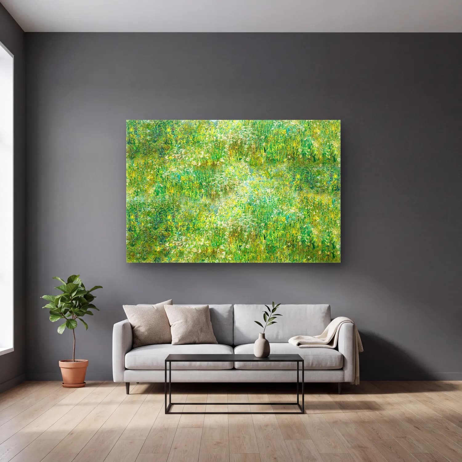 Claude Monet – Kır Çiçekleri cam tablo — gri duvarlı salonda